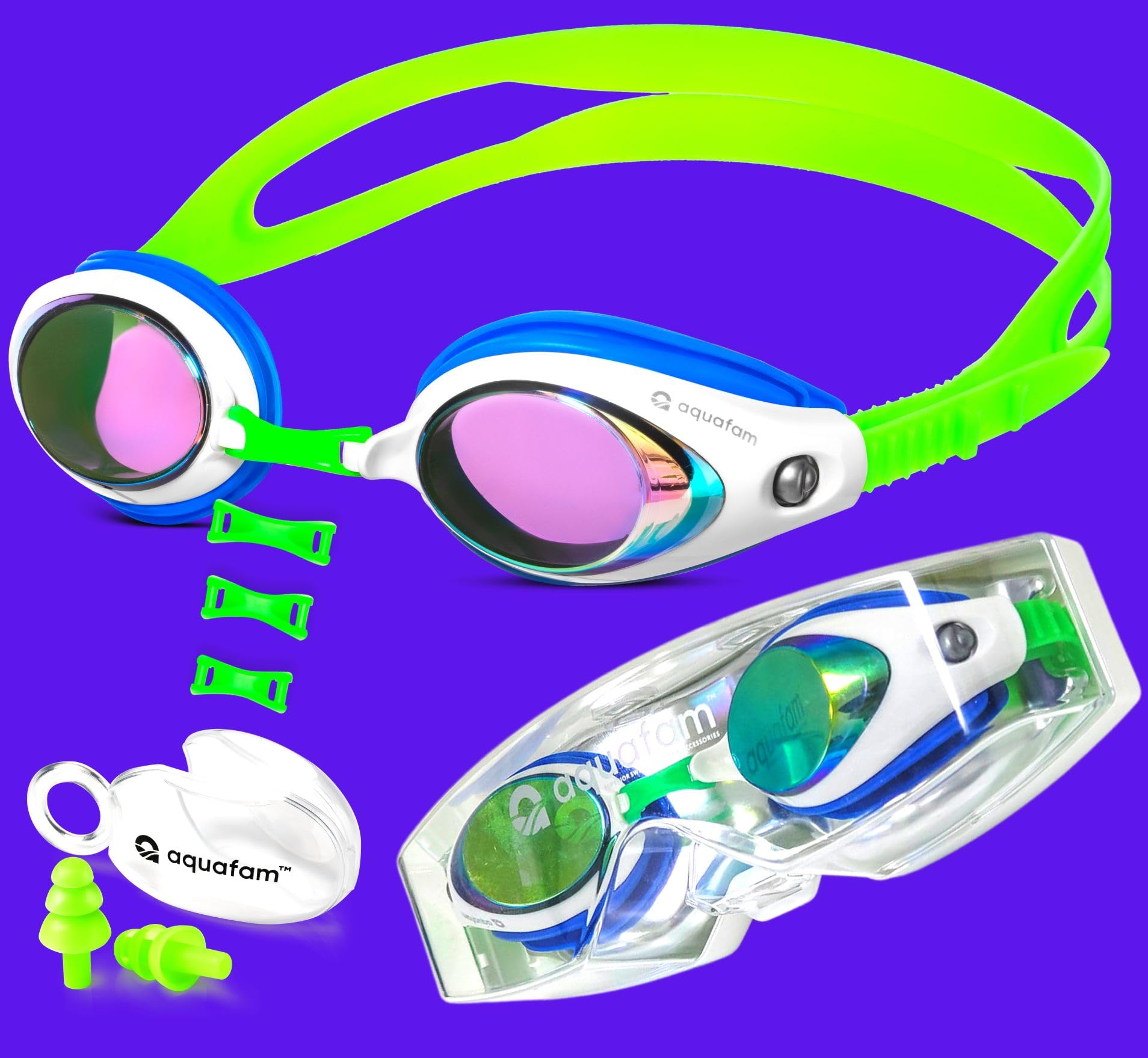 Swim Goggles - For Kids 6-14, 3-6, Toddler, Splash, Premium Mirrored Lenses UV400, Anti-fog, Goggles Case, Swimming Earplugs, Leak Proof, for Girls, Boys, and youth ages 8-12