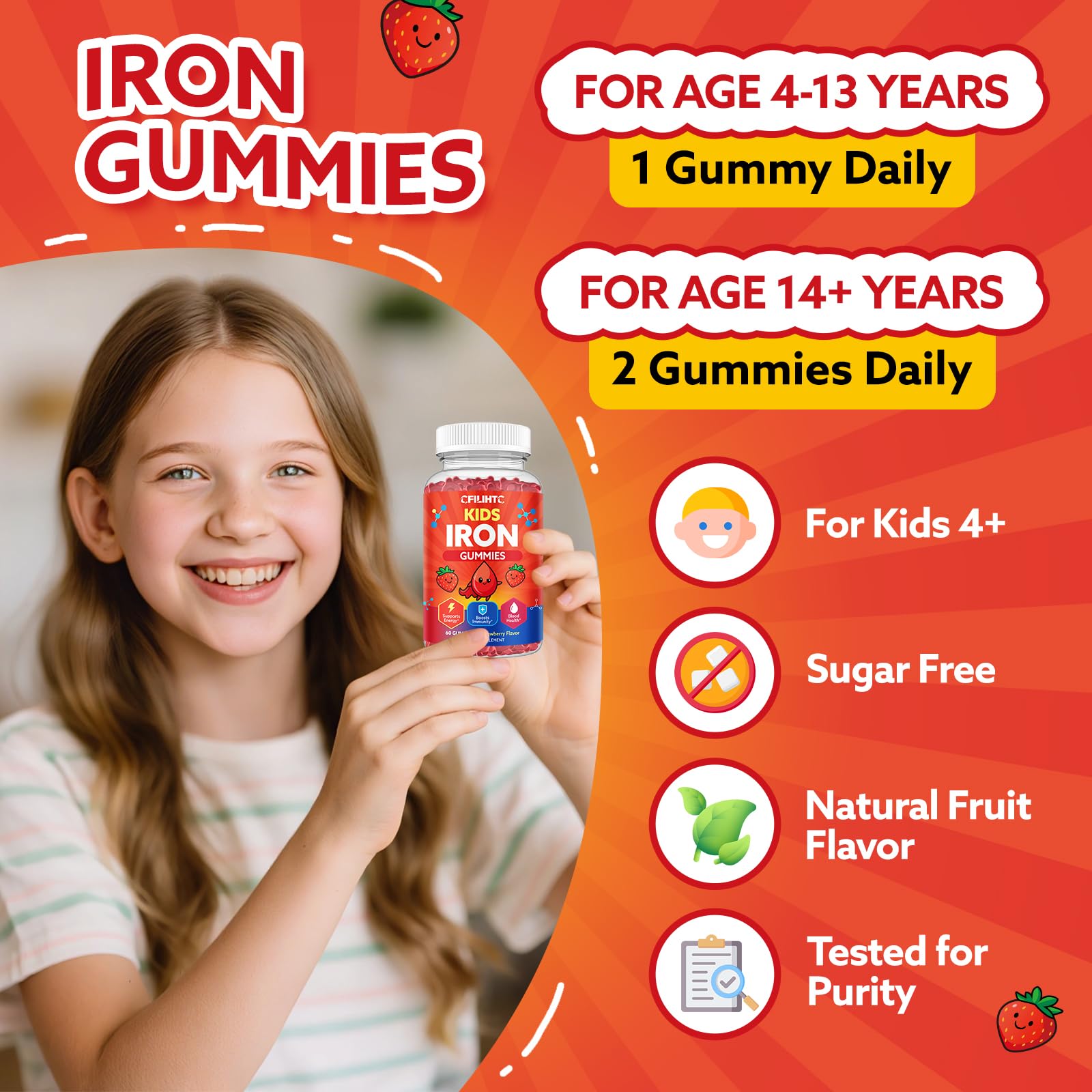 Iron Gummies for Kids & Teens, Kids Multivitamin with Iron Supplement, Calcium, Folate, Zinc, Prebiotic - for Blood Builder & Energy Support, Iron Deficiency - Vegan & Non-GMO - 60 Count Strawberry — Amazon image 5
