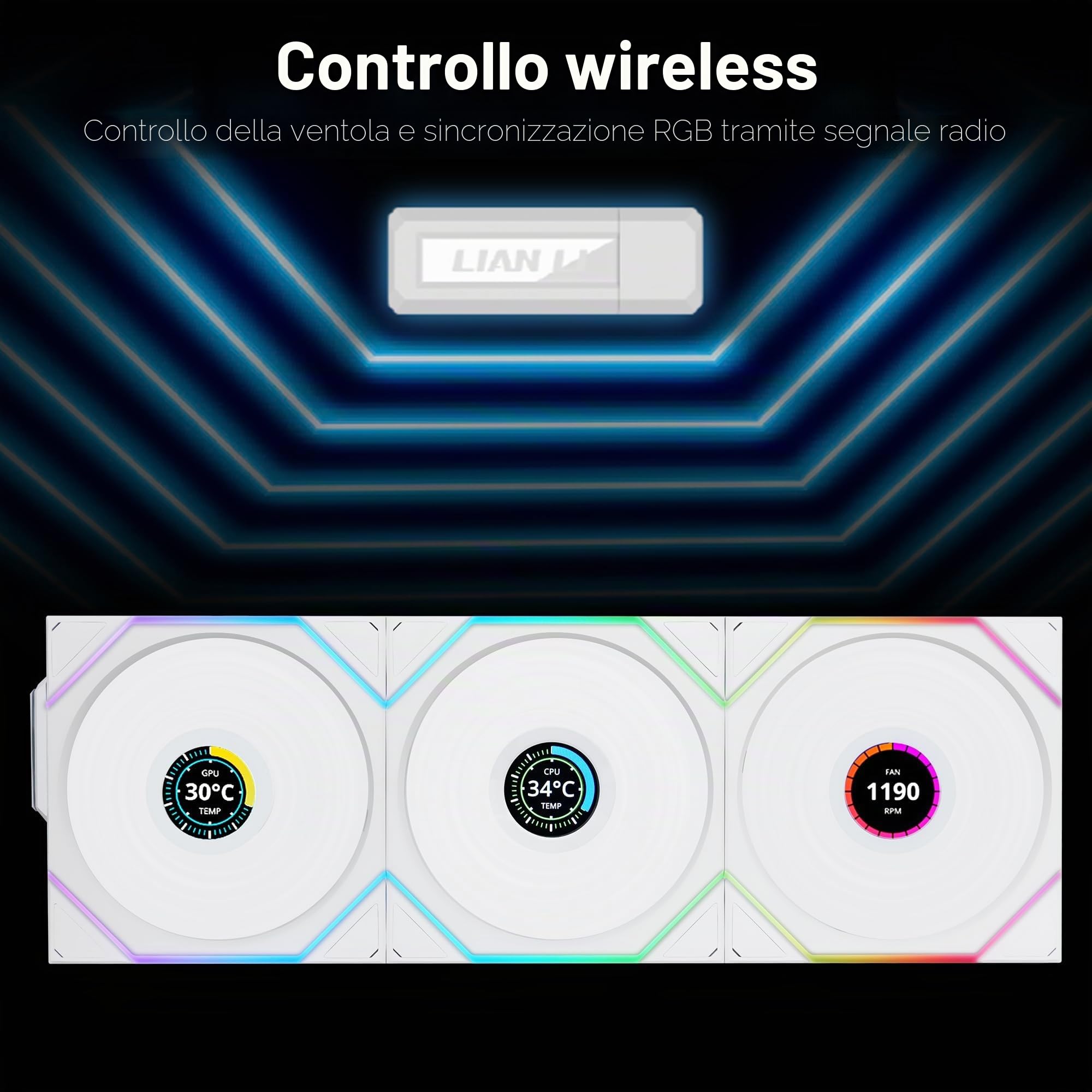Lian Li UNI FAN TL Wireless LCD Ventola 120 mm RGB – Confezione da 3 pezzi Bianco | PWM 26 LED ARGB fino a 1.900 giri/min, sistema a incastro, flusso d'aria elevato, silenzioso e a bassa vibrazione