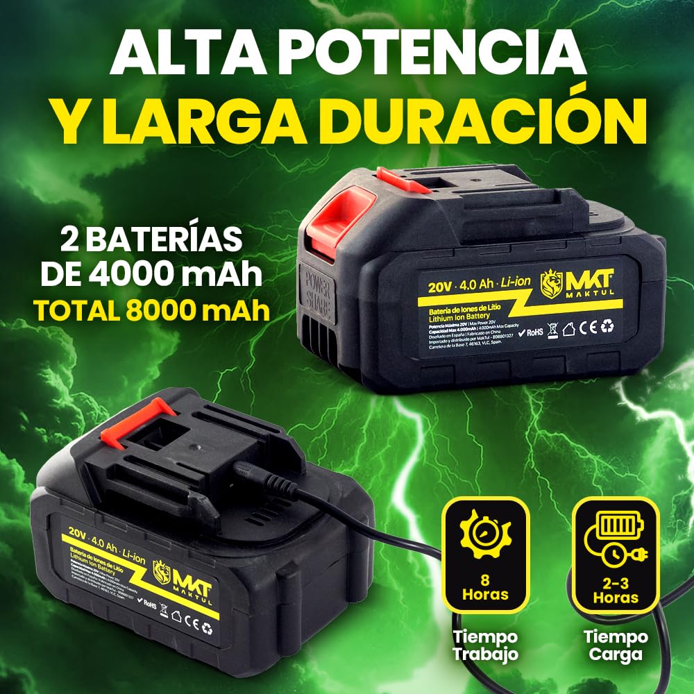 MAKTUL Tijeras de Podar Eléctricas Batería 8000mAh (2 Baterías 4000mAh 20V 500W) Alta Potencia y Seguridad, Tijera Eléctrica Podadora Ramas Tallos Plantas Árboles Jardín Poda con Maletín y Accesorios