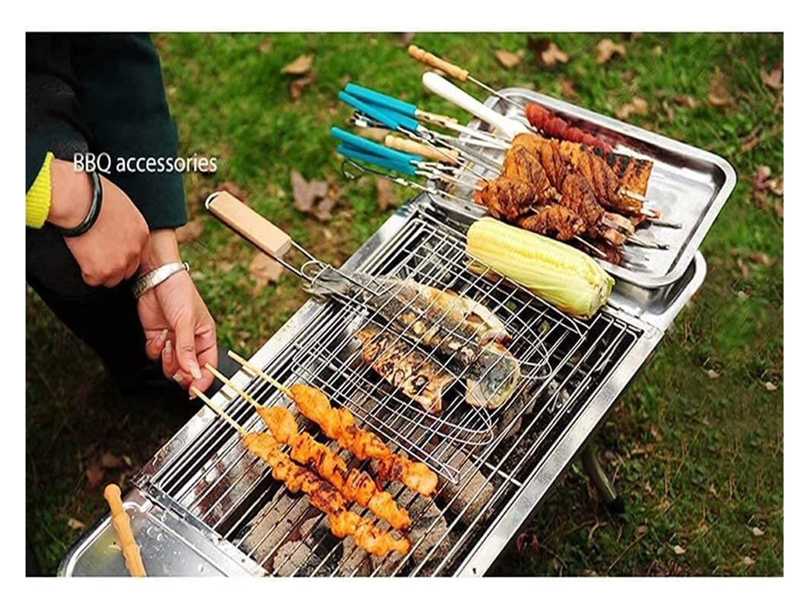 Parrilla portátil para barbacoa con soporte de mango largo, soporte plegable para camping, cocina al aire libre