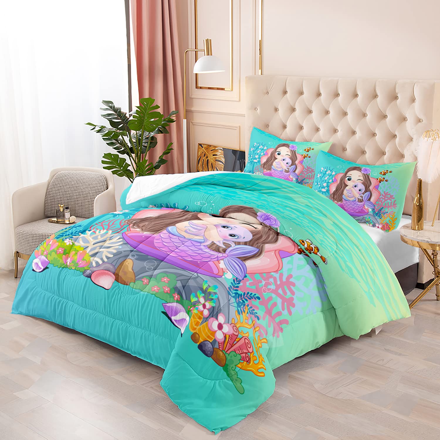 XYNHML Mermaid Comforter Set Twin Size Fairy Tale Sea Shell Grass Bedding Set Fish Quilt Bed Set for Kid Girls with 1 Comforter and 2 Pillowcases