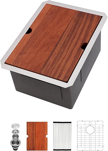 Fregadero de barra de acero inoxidable de 14 x 19 pulgadas, fregadero de preparación de barra de cocina, estación de trabajo, calibre 16, cuenco