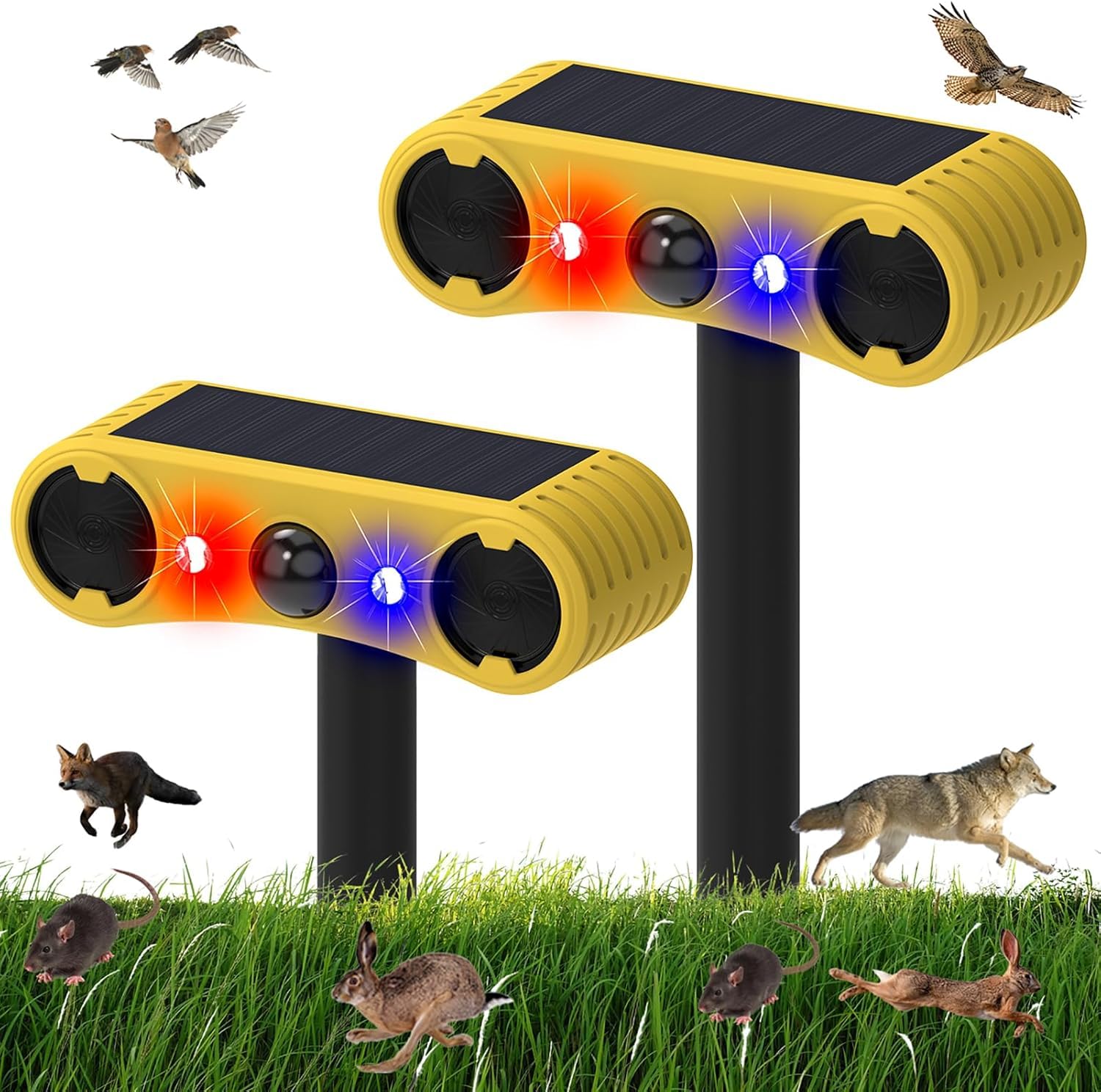 Alarma solar con sensor de movimiento – 13 sonidos, alarma de doble altavoz de 129 dB + LED rojo y azul parpadeante advertencia para patio, granja, jardín, huerto, granero (paquete de 2)