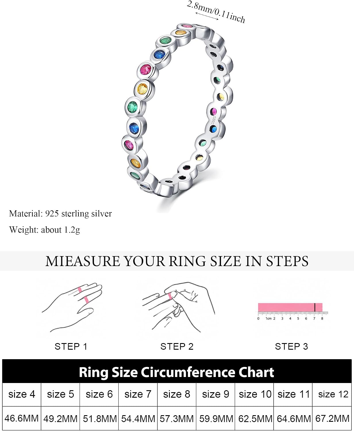 925 Sterling Silver Rainbow Birthstone Eternity Rings for Women Dainty Colorful Simulated Diamond CZ Stackable Ring Wedding Bands Ring Jewelry Christmas Birthday Gifts to Daughter