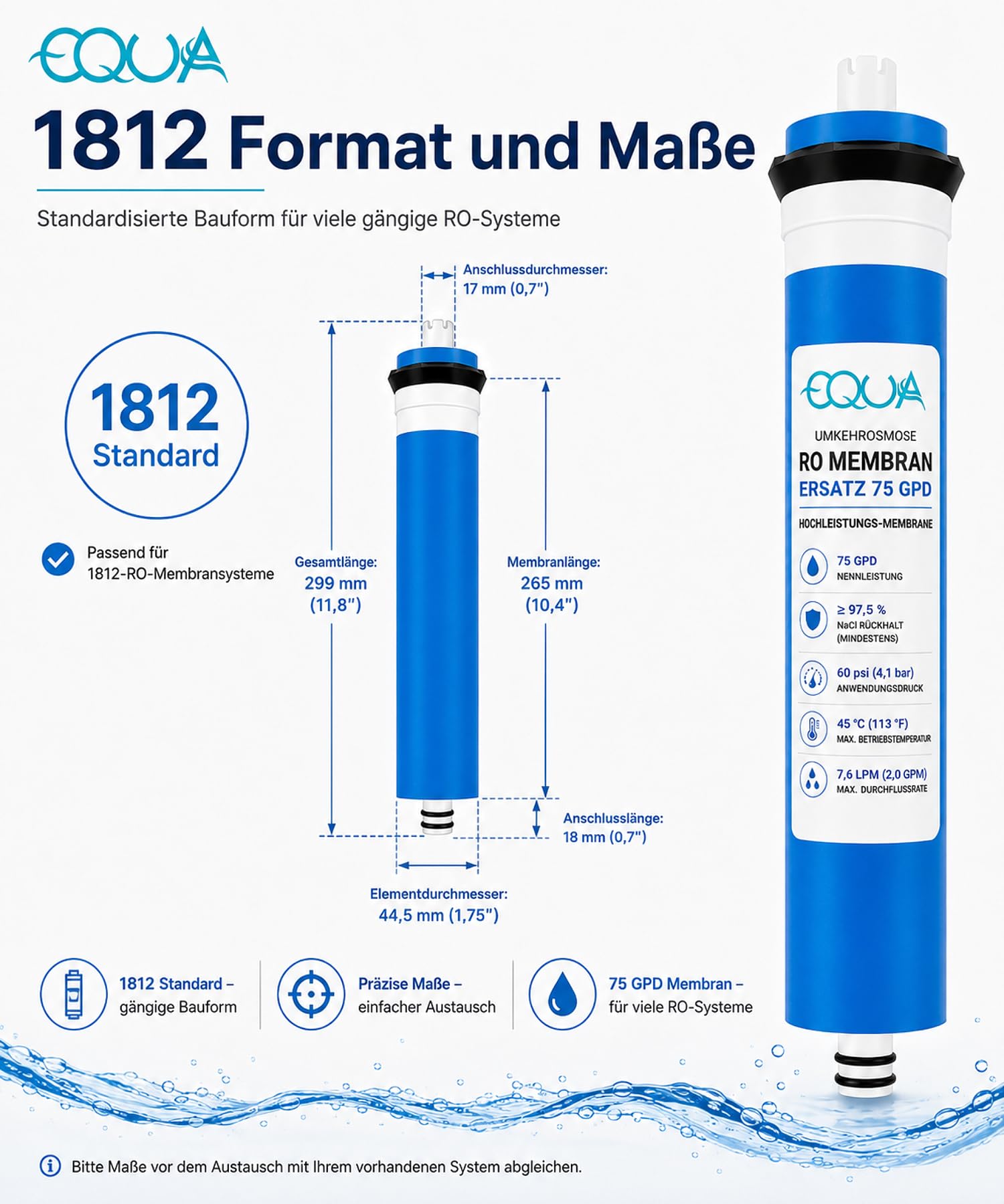 RO Umkehrosmose Membran Wasserfilter 75 GPD, Universal Kompatibel - 4 TLG