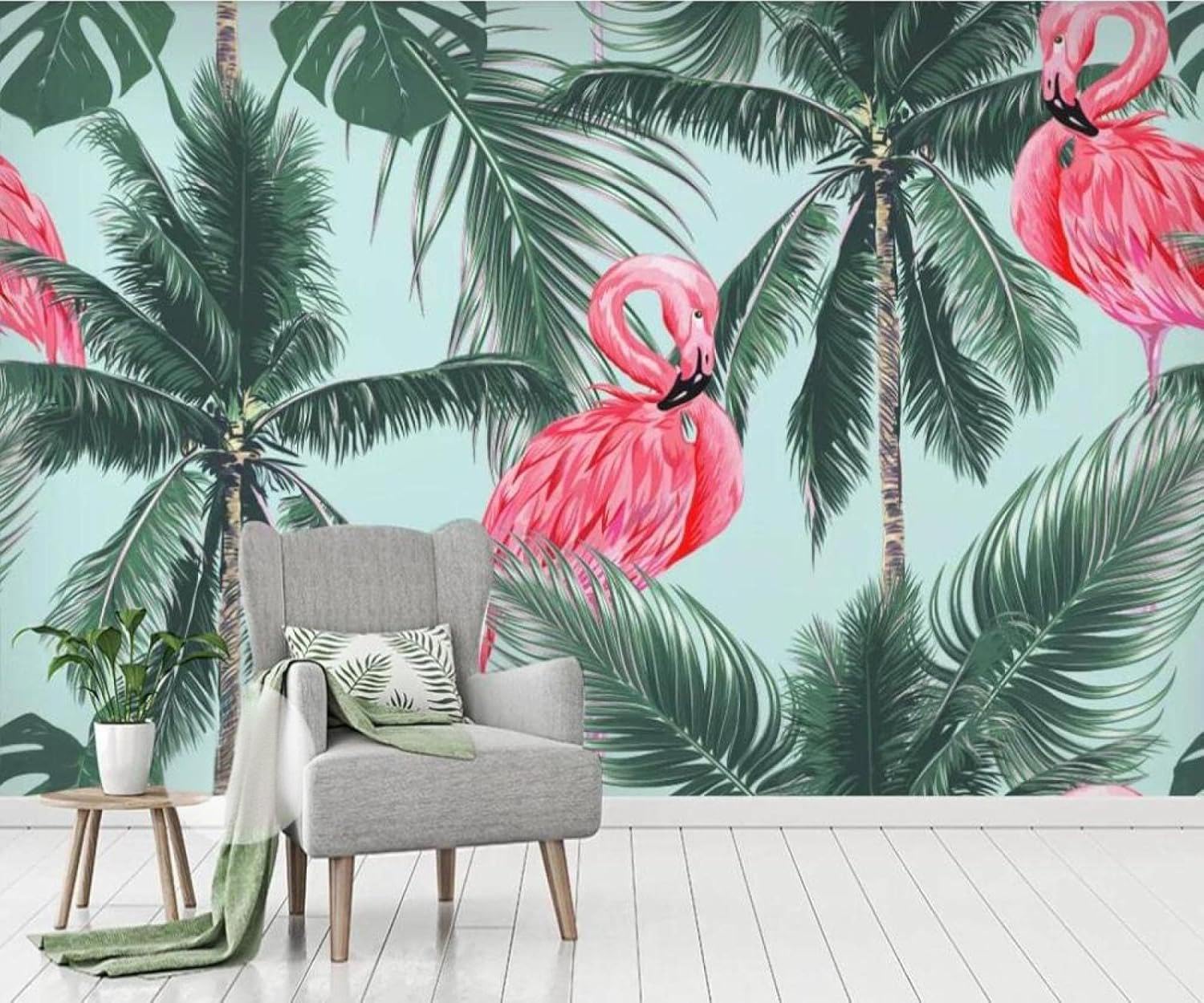 XLMING Fresh Green Coconut Tree Animal Flamingo 3D Wallpaper Study Dining Feature Sofa Grey Bedroom Living Room Tv Decorative Wall-350cm×256cm