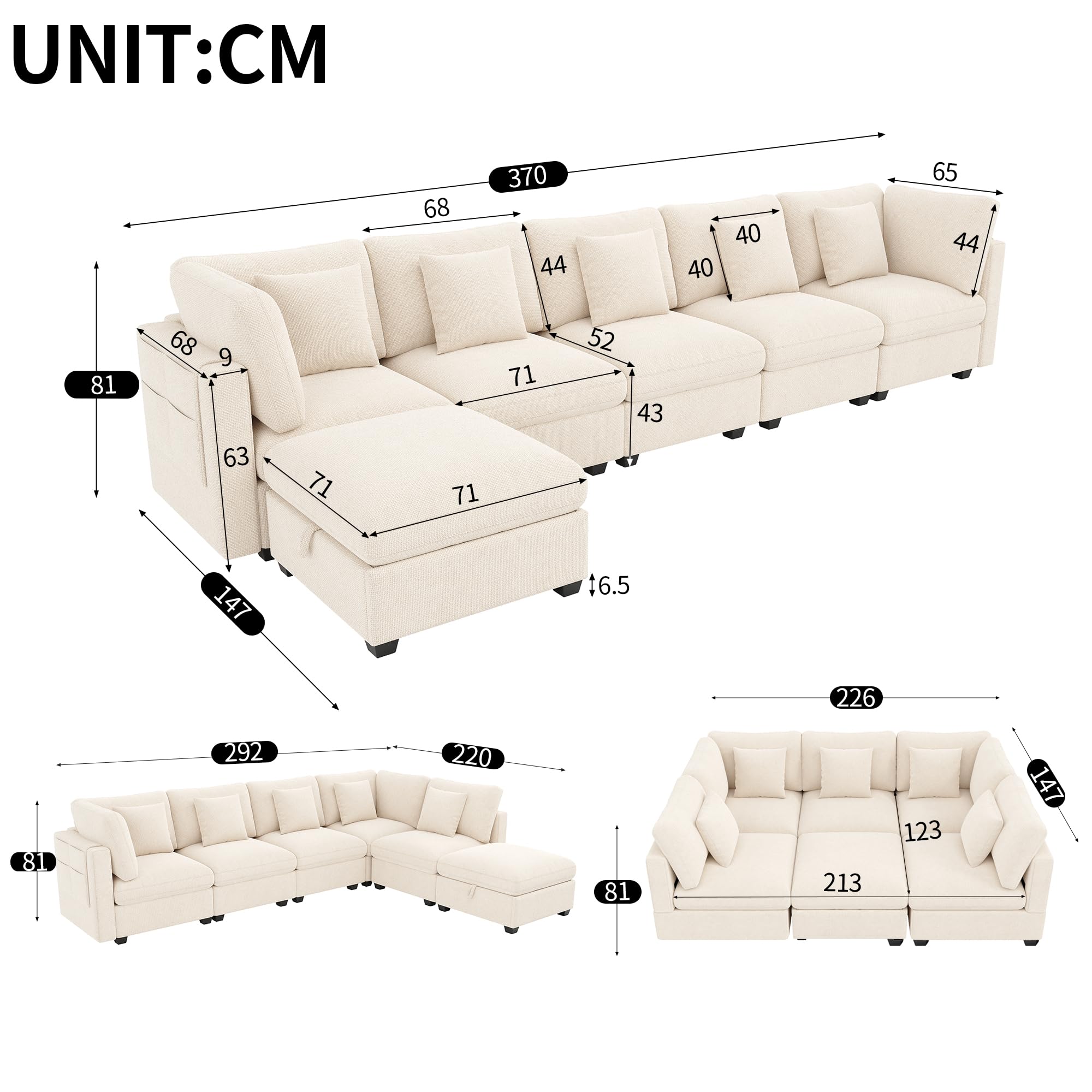 Idemon Sofá esquinero XXL en forma de L, sofá modular de 6 plazas con función de descanso, reposapiés móvil con espacio de almacenamiento y bolsillos laterales, incluye 5 cojines decorativos; tela de