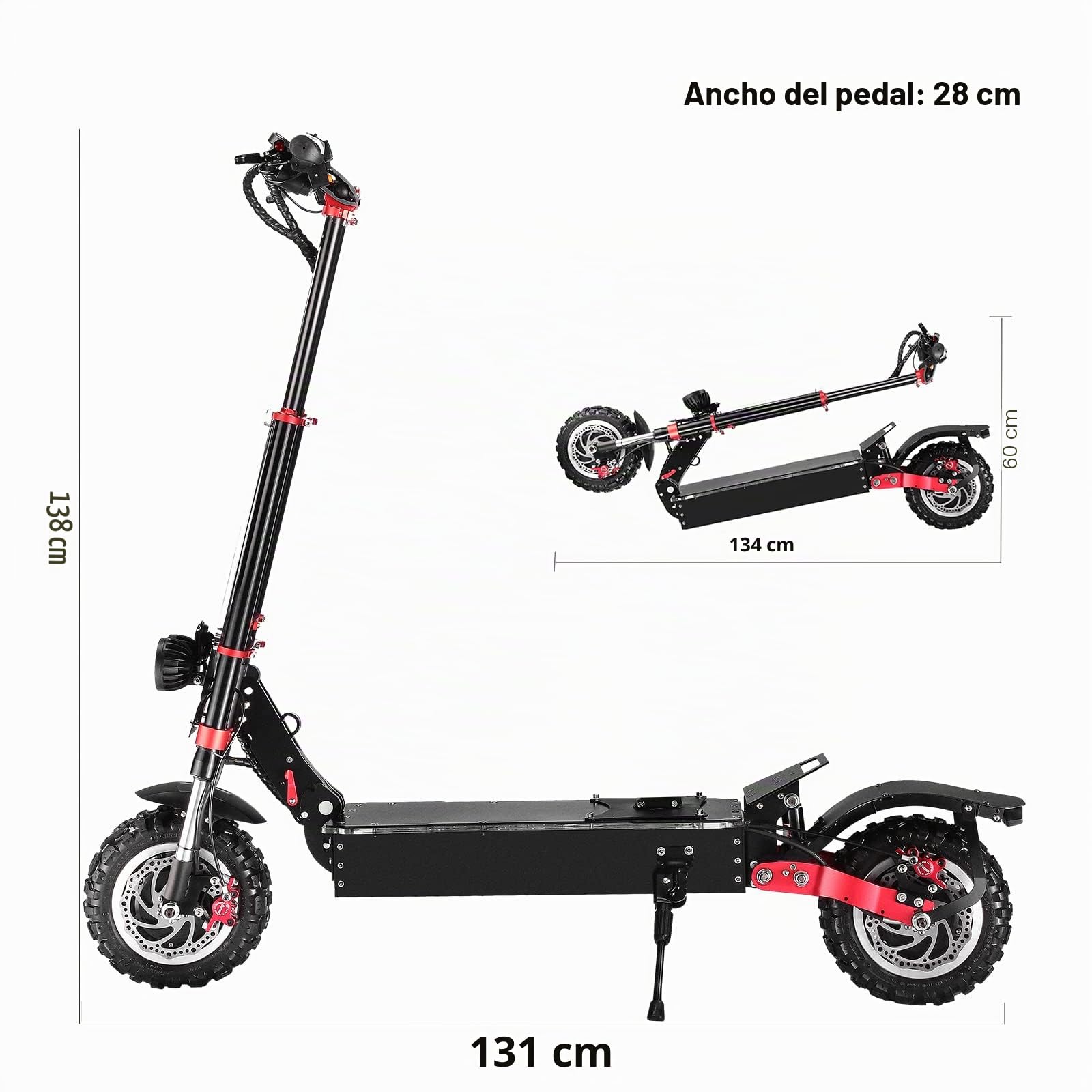 HWWH Patinete Electrico Adultos Potente Todoterreno Dual Motor Alta Gama Scooter Electrico Plegable Carga 200kg 11in Neumáticos de Vacío Todoterreno Batería de Litio de 60V 45Ah