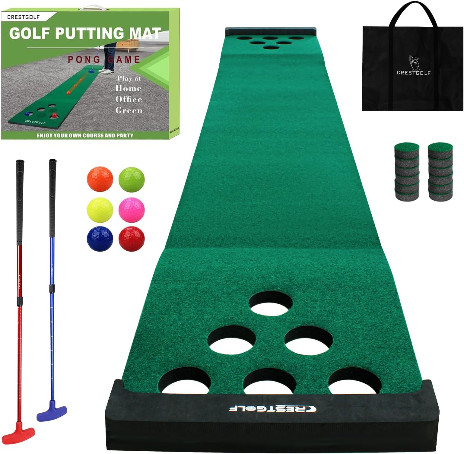 Golf Pong Mat Game Set Green Mat,Golf Putting Mat with 2 Putters, 6 Golf Balls,12 Golf Hole Covers for Indoor&Outdoor Short Game Office Party Backyard Use