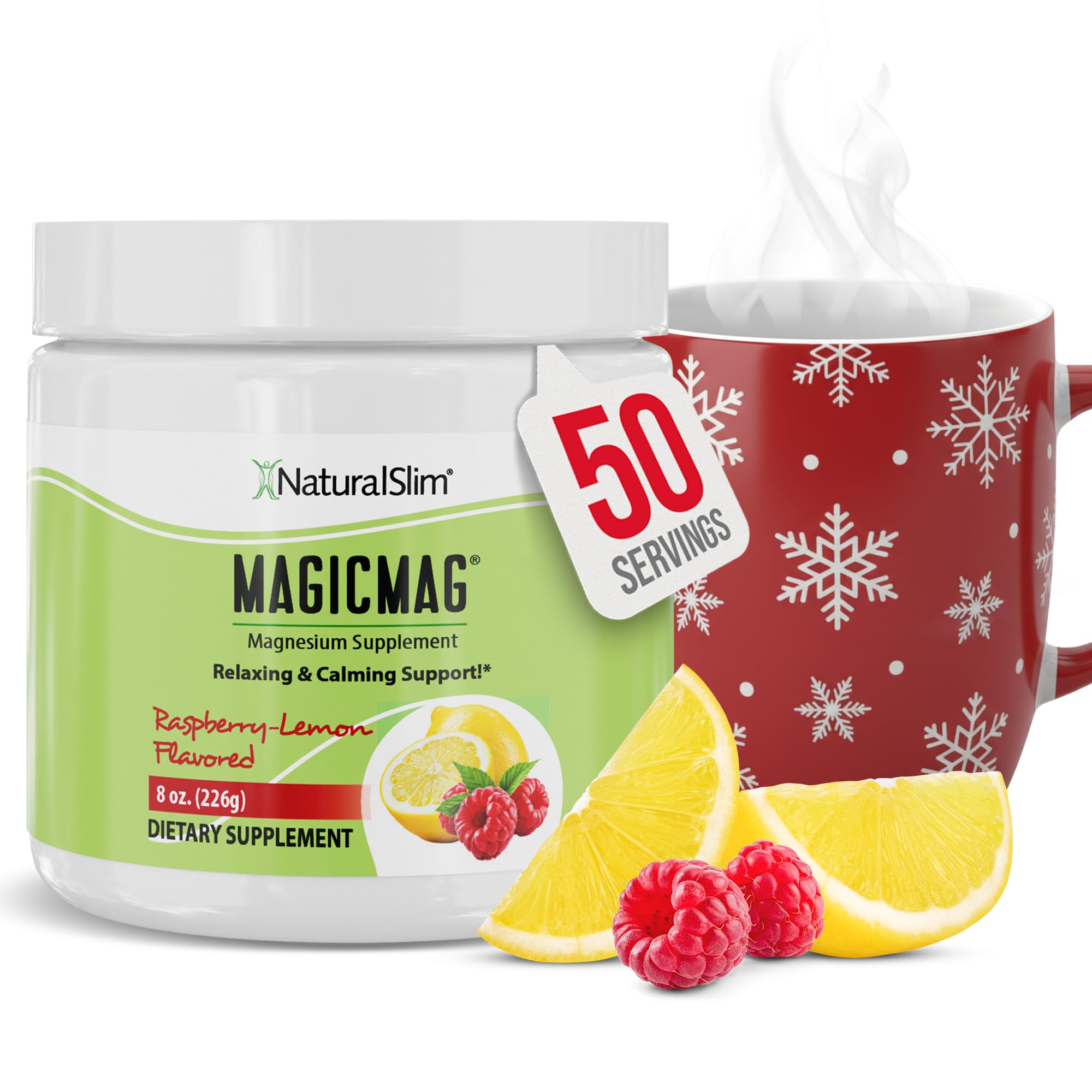 NaturalSlim MagicMag Magnesium Citrate Powder Drink for Relaxation, Stress, Constipation, Better Rest & Digestive Health, Magnesium Supplement for Women and Men, Raspberry Lemon 8oz