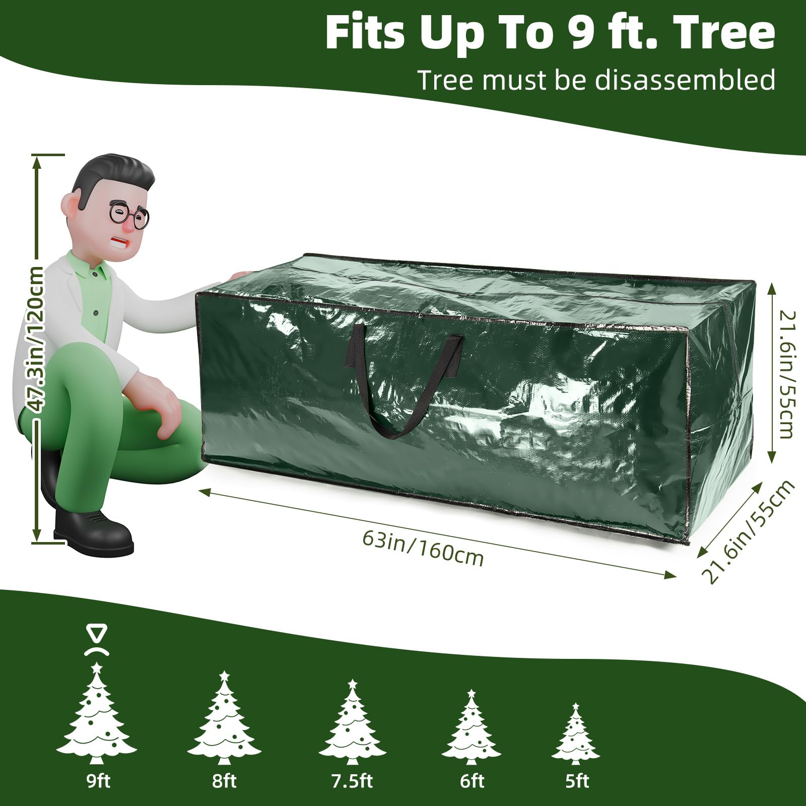 Paquete de 2 Bolsas de Almacenamiento para Árbol de Navidad Extra Grandes Jumbo, Bolsas para Decoraciones y Luces Navideñas con Asas y Cremallera, Adecuadas para Árboles de Hasta 2,7 m, 160 CM