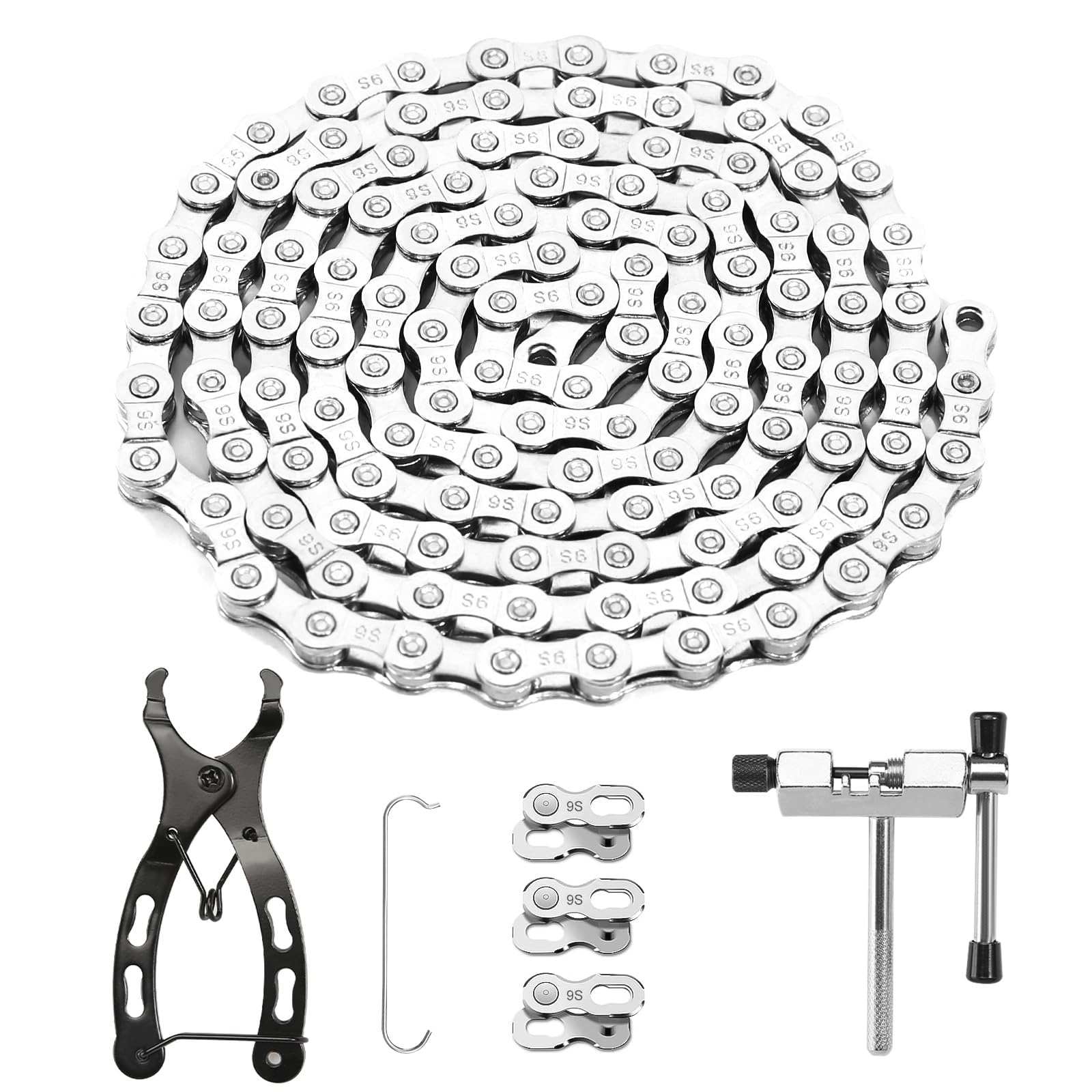 Fahrradkette 9 Fach Fahrrad Kette Fahrradkette Werkzeug mit Kettenschloss Zange Kettenbrecher und 3 Paar Kettenschloss Fahrradketten für Mountainbike (1/2 x 11/128 Inch 116 Glieder)