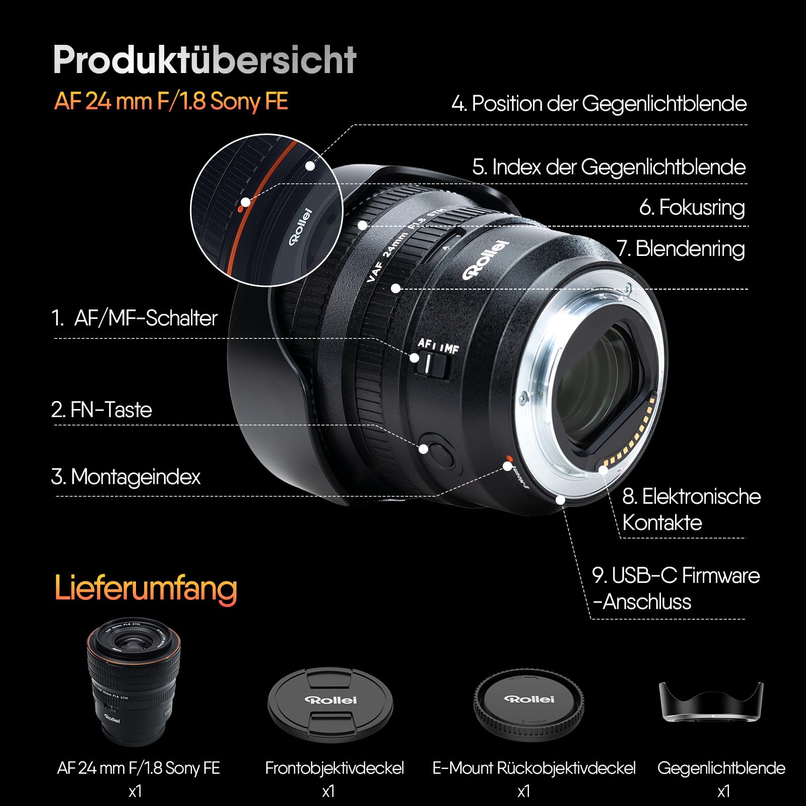 Rollei AF 24 mm F/1.8 Vollformat Objektiv für Sony FE mit STM-Autofokus | Vollmetall Gehäuse 477g Kompatibel mit APS-C FX30/ZV-E10/A6000–A6700/A5000/A5100 und Full Frame ZV-E1/FX3/A1/A1II/A9/A7 Series