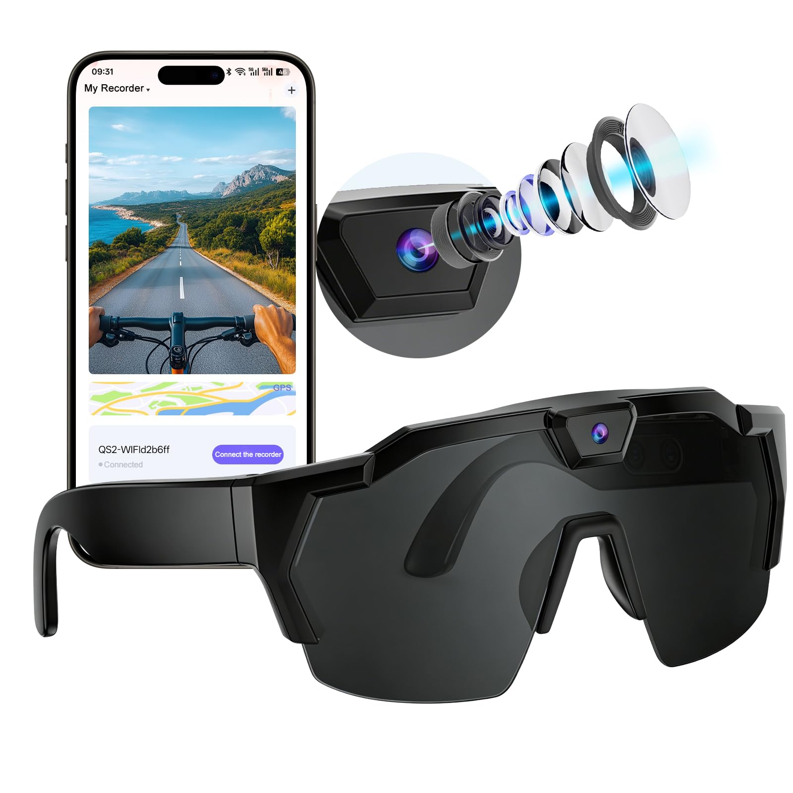 OBEST Gafas Inteligentes con 1080P Cámara, AI Gafas de Cámara WiFi HD, Solares Glasses Portátiles con Grabación de Vídeo y Micrófono, Acción Camara para Deporte Aire Libre Ciclismo/Esquí/Senderismo