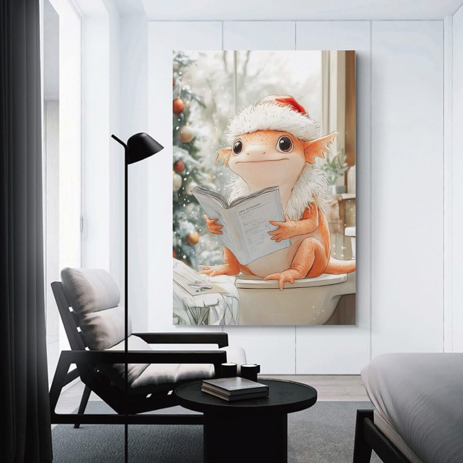 Junmoney Christmas Axolotl Lizard Toilet Decorative Canvas Print 08x12inch(20x30cm), for Study, Office Or Focused Interiors, Wall Art That Adds Style to Work Areas