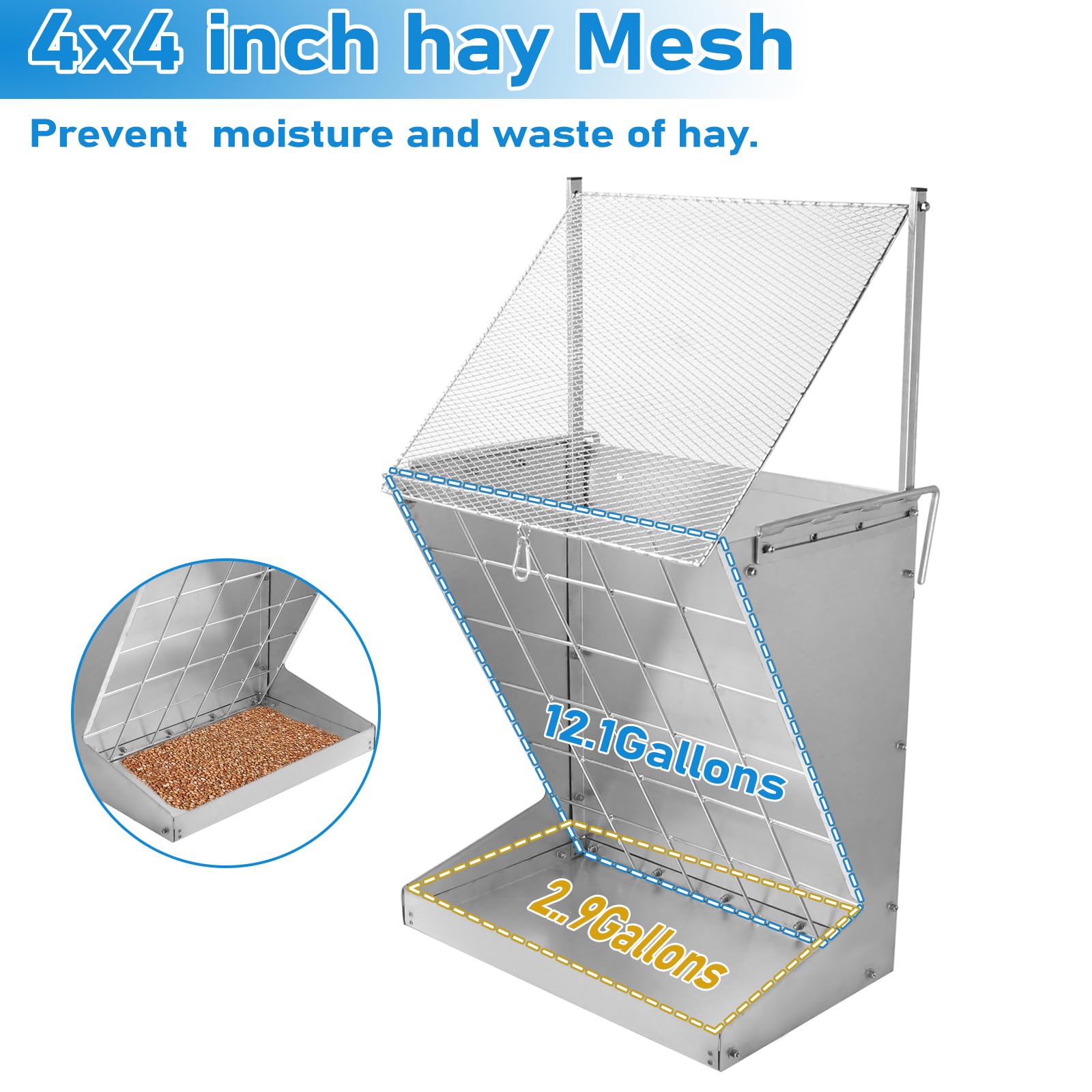 Karpevta Hay Feeder for Goats, Heavy Duty Metal 2 in 1 Hay & Grain Feeder, Large Capacity,Hay Rack with Adjustable Hook for Different Install, Hay Feeder for Goats, Sheep,Cows