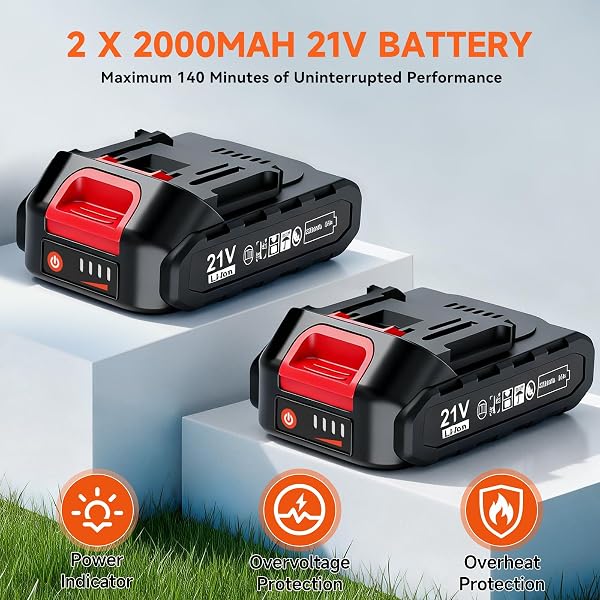 21V Cordless Strimmer, 700W Grass Trimmer with 2x 2000mAh Batteries, Lightweight Foldable Battery Strimmers Cordless with 26 Blades,90° Adjustable Head for Garden Lawn Weeding - Deep Orange - 4