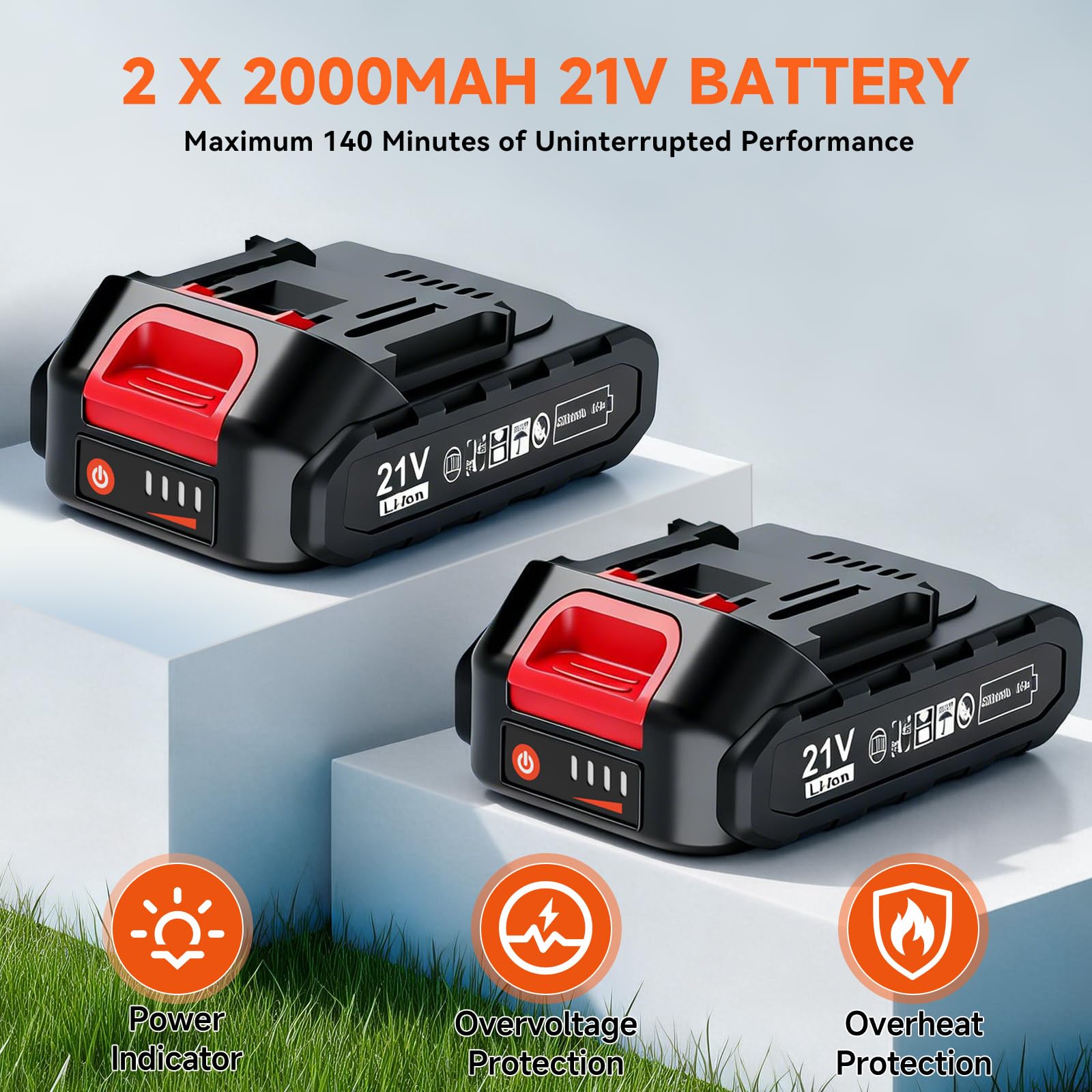 21V Cordless Strimmer, 700W Grass Trimmer with 2x 2000mAh Batteries, Lightweight Foldable Battery Strimmers Cordless with 26 Blades,90° Adjustable Head for Garden Lawn Weeding - Deep Orange - 5