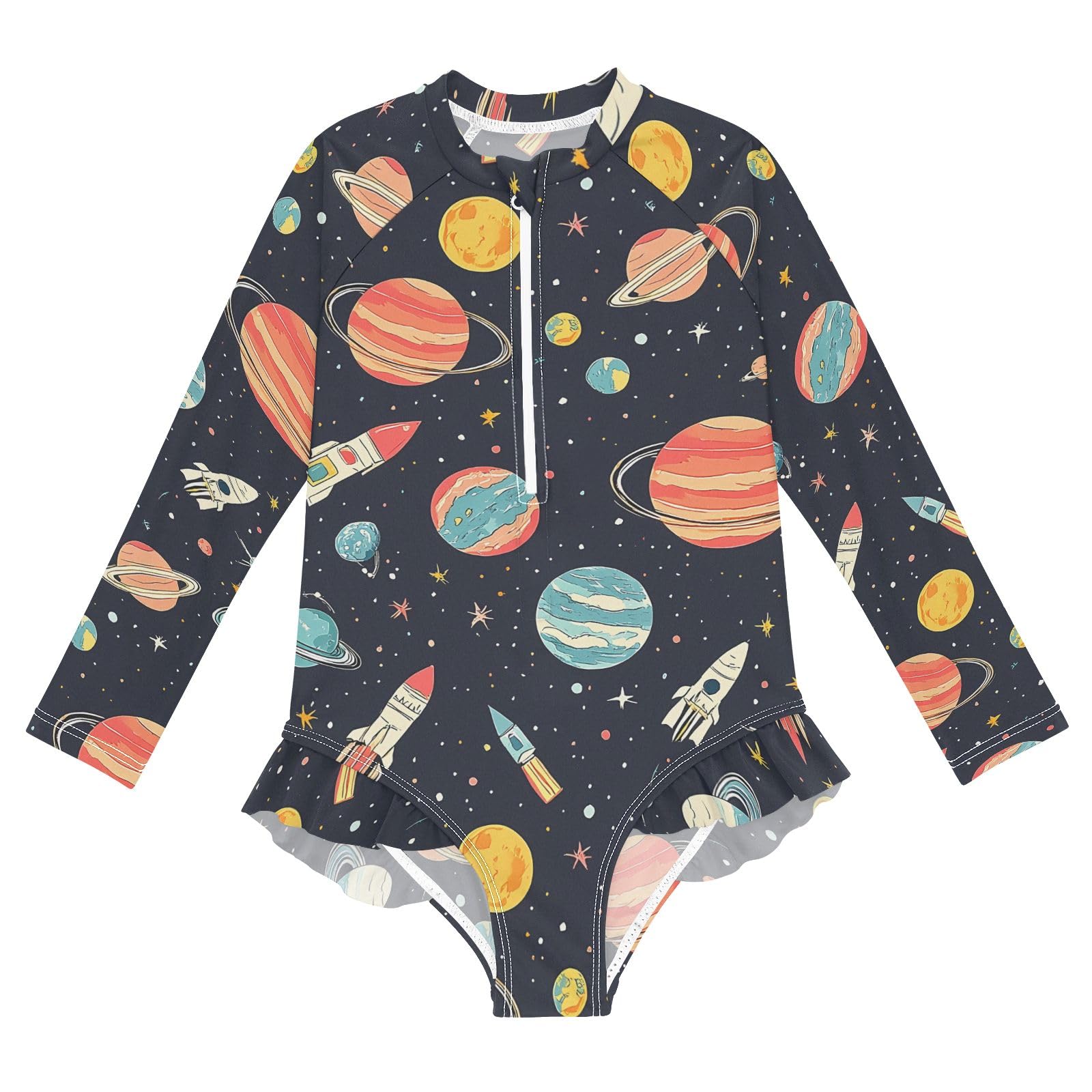 ALAZA Toddler Swimsuit Girl Bathing Suit Swimwear Rash Guard Star Planet Long Sleeve 3T