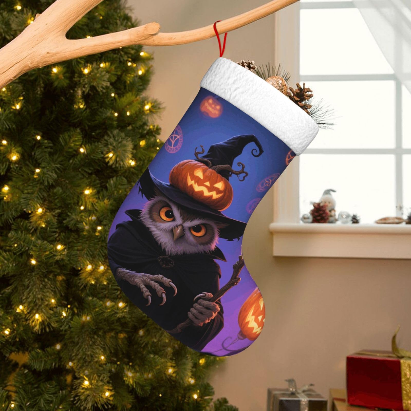 Velvet Christmas Stockings 17.7 Inch, Halloween Owl Pumpkin Xmas Stocking with Soft Cuff,Classic Personalized Christmas Tree Decoration for Family Holiday New Year Party Supplies