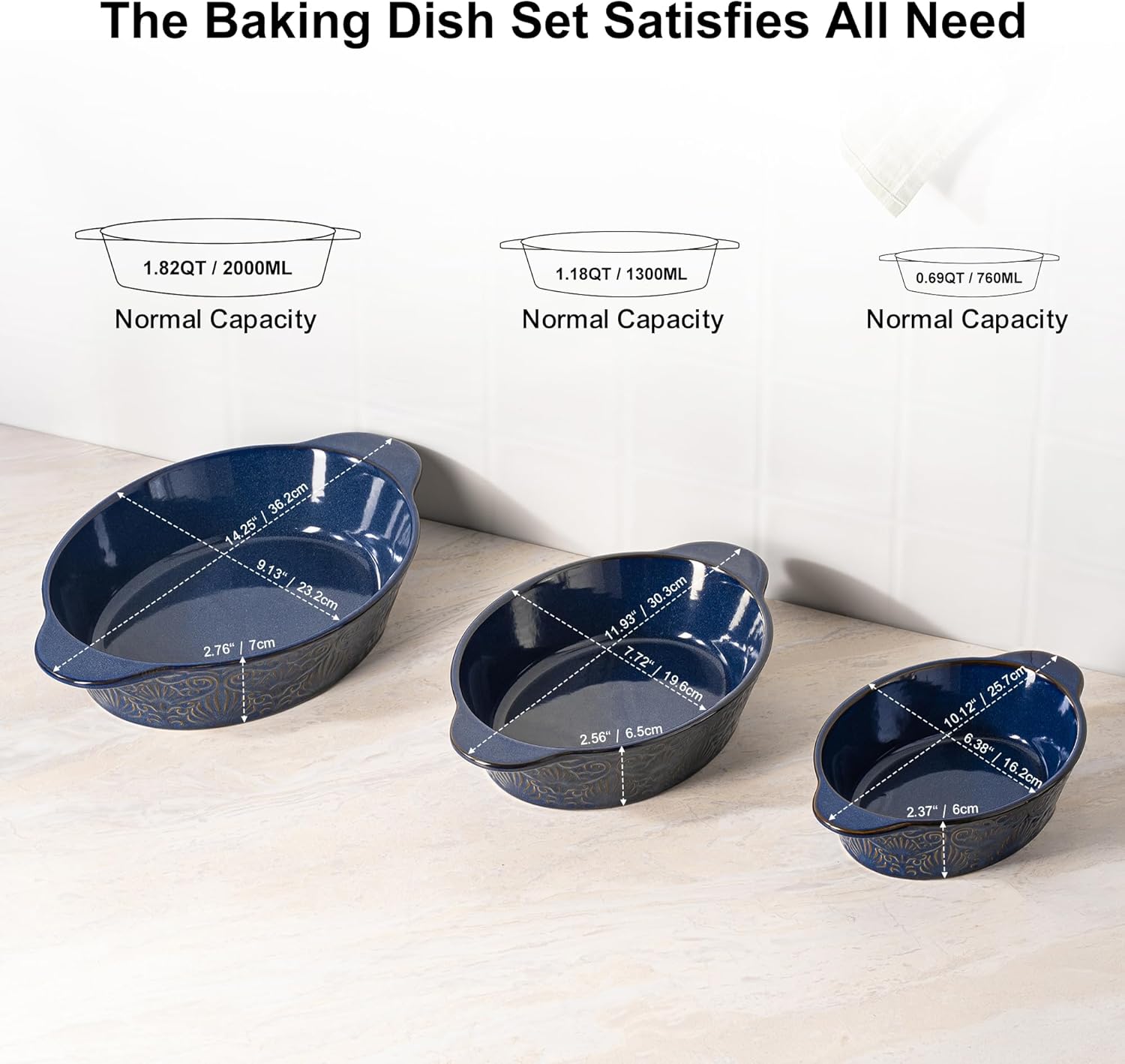 Casserole Dishes for Oven Sets of 3, Ceramic Oval Baking Dish, Au Gratin Baking Pans with Handles for Roasting, Lasagna, Pie, Baking Meat & Vegetables (Blue)