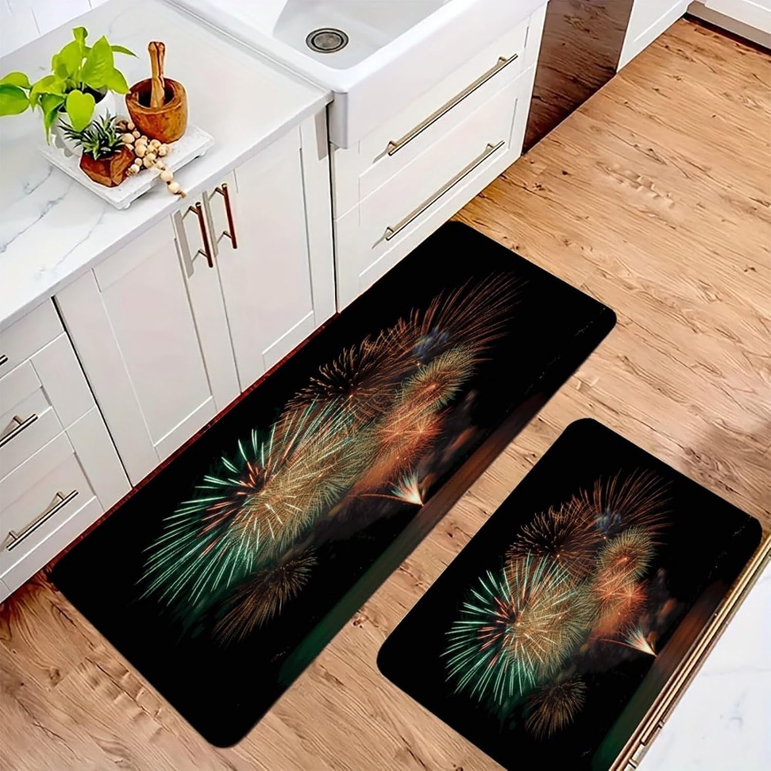 Fireworks Kitchen Mat Kitchen Rug Set | Kitchen Rugs Flannel Velvety Washable breathable Water Absorbent Soft ，kitchen utensils for Kitchen, Floor,Laundry