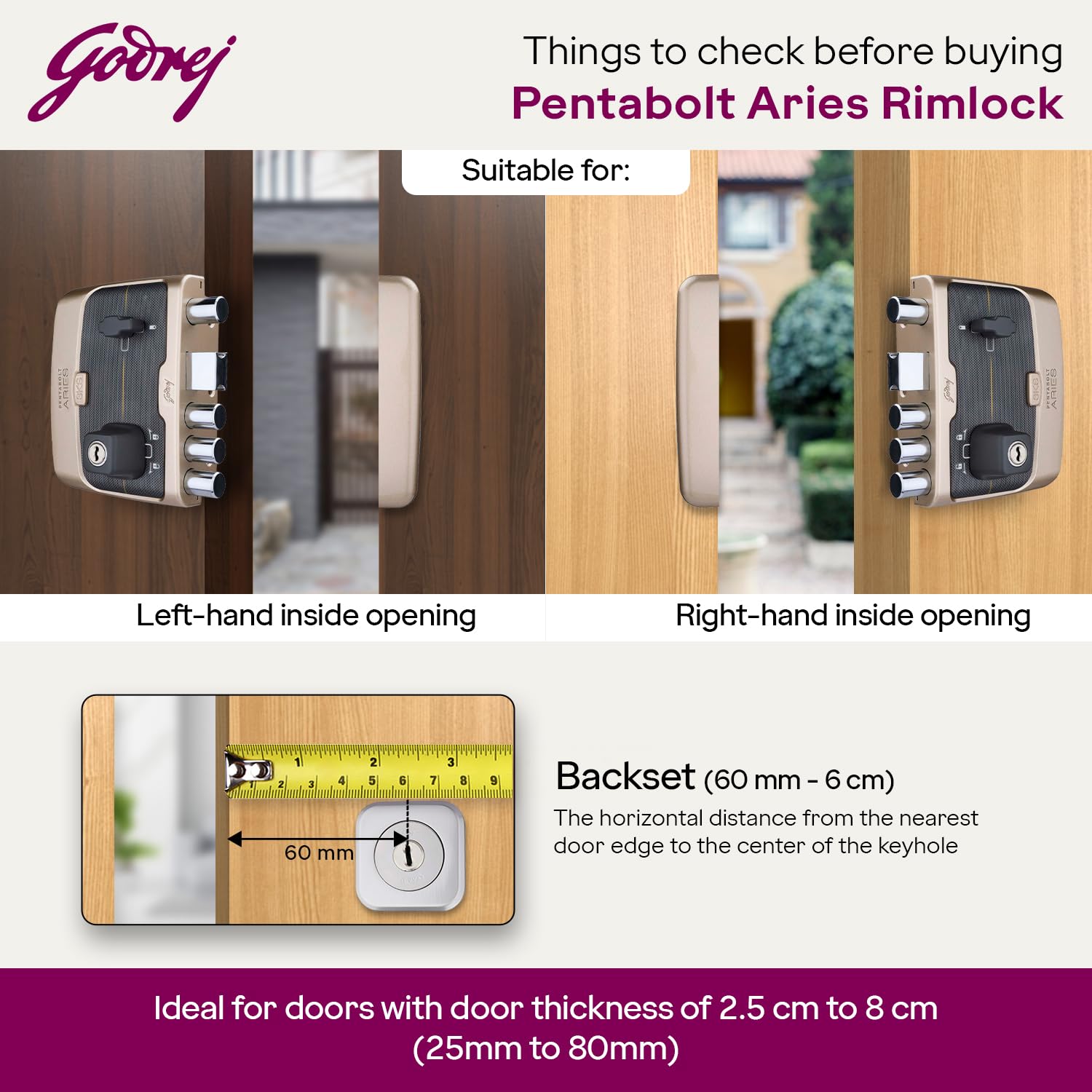 Godrej Rim Lock I Pentabolt Aries 3KS I 5 Bolts I 2C Deadbolt I for Inside Opening Door l Left/Right Handed Doors I 4 Keys I 15-Year Warranty I Manual Locking I Vegas Gold Finish 3