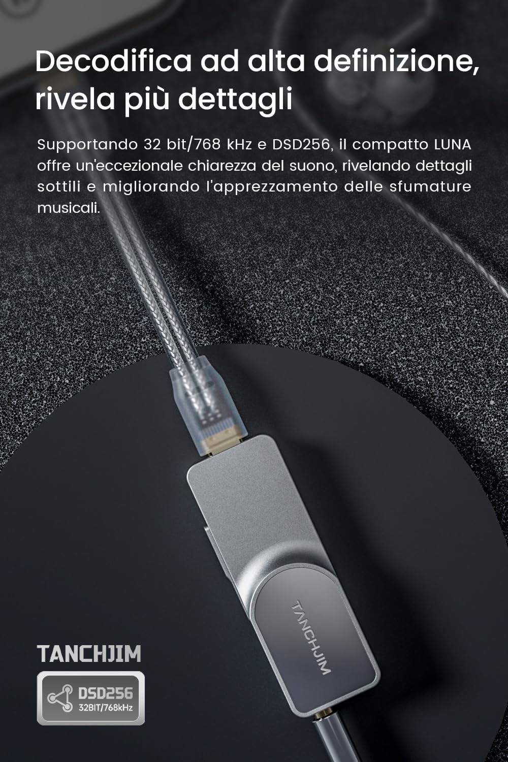 TANCHJIM Luna Amplificatore cuffie portatile USB HiFi con DAC duale CS43198 ad alta risoluzione, decodifica 32Bit/768kHz DSD256, uscite 4.4mm e 3.5mm per smartphone/PC/laptop/lettori audio domestici