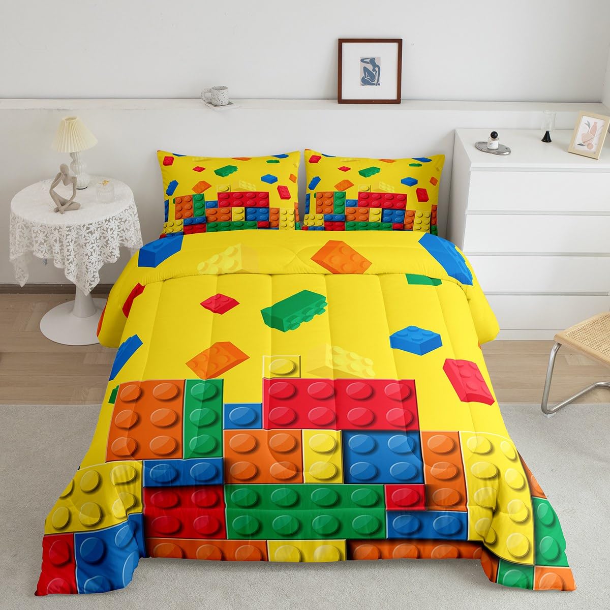 Feelyou Building Block Print Comforter Set Twin Size Kids Brick Styles Comforter for Boys Teens Colorful Bedding Set Breathable Gaming Yellow Duvet Set Room Decor Quilt Set
