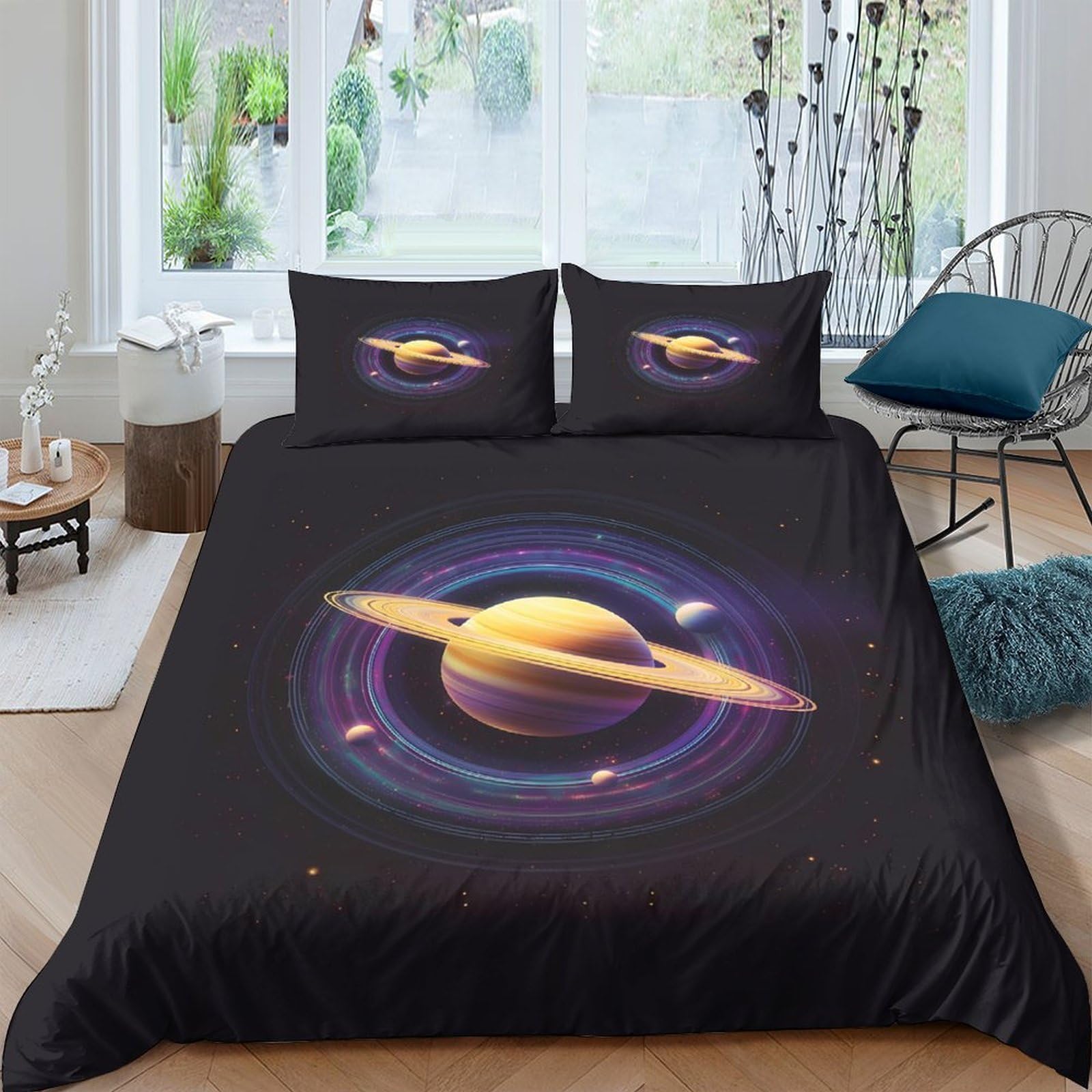 Ctjqhvkz Style-6 3D Printed Planet Saturn Fitted Sheet Microfiber Soft Black Space Mattress Cover Bedroom Decor Dorm Single（135X200cm）