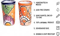 Vista 4 de Juego de 4 vasos de chupito Talavera auténticos mexicanos para tequila - Pintados a mano - 2 Oz (Flores naranjas)