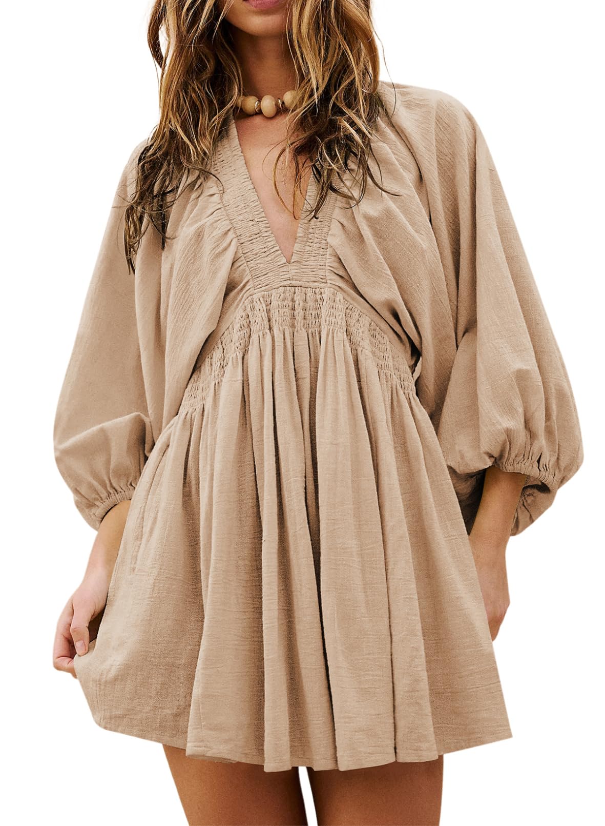 Acelitt Womens Spring Long Sleeve V Neck Casual Loose Flowy Ruffle A Line Babydoll Mini Dress Beach Vacation Outfits