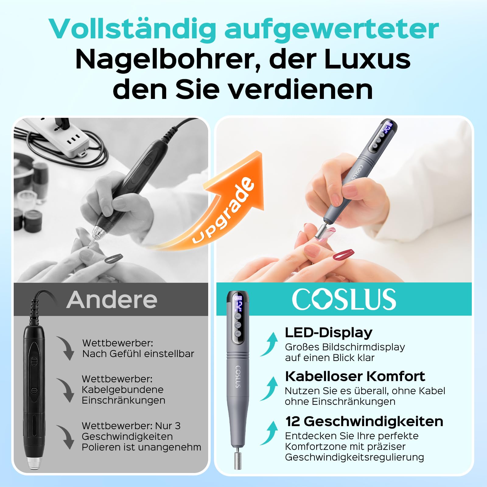 COSLUS C50 Nagelfräser Kabellose Elektrische Nagelfeile: 12-stufiger Nagelfräser mit LED-Display für Gelnägel, Acryl-Gel-Dip-Pulver-Entfernung, Nageldesign-Übung, Heim-DIY & Reisenutzung,Dunkelgrau