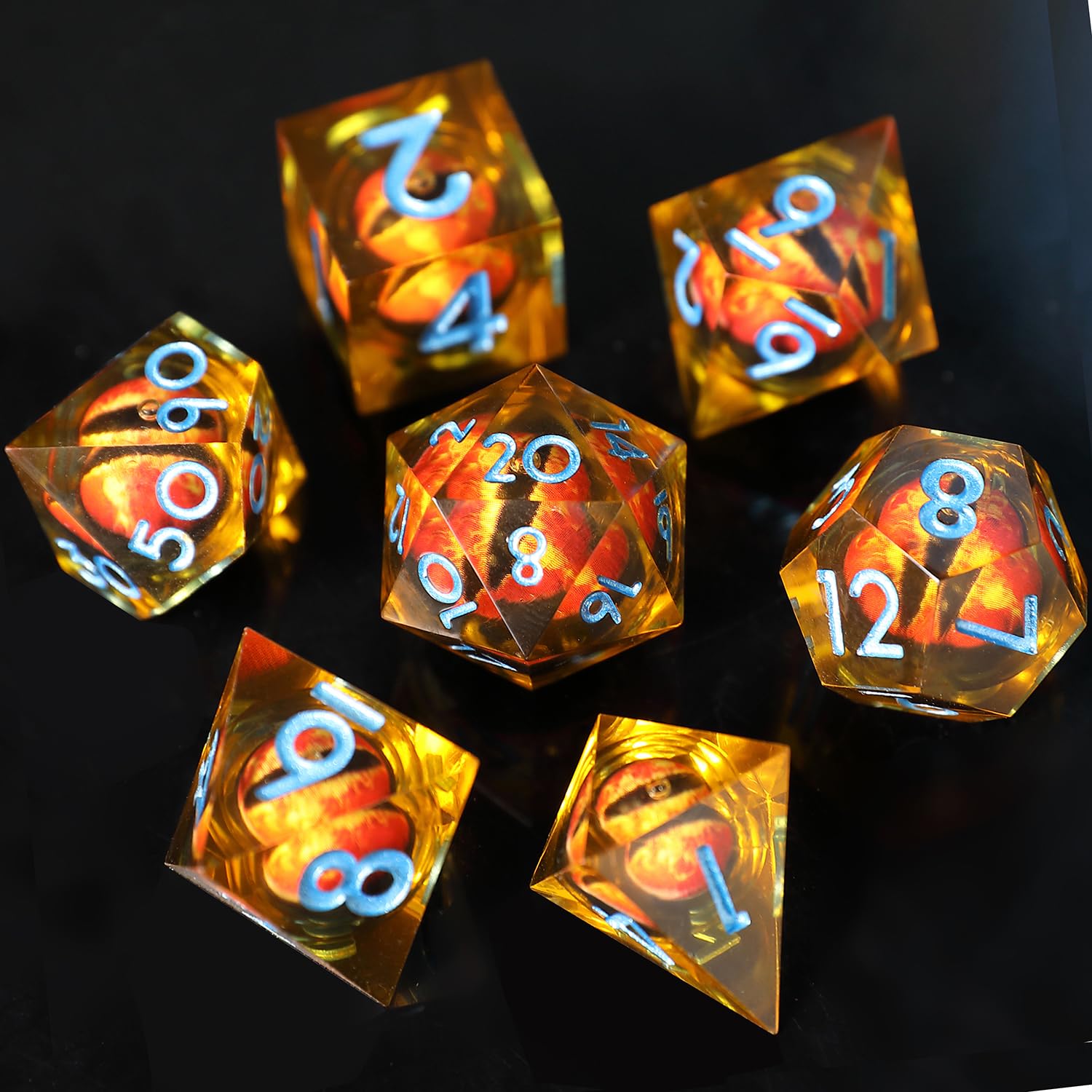 DND Dice Set Floating Pupil Skull Eyeball 7 Piece Handmade Polyhedral D&D Resin Sharp Edge Dice for Dungeons and Dragons RPG Role Playing Antique Halloween Dice with Gift Box