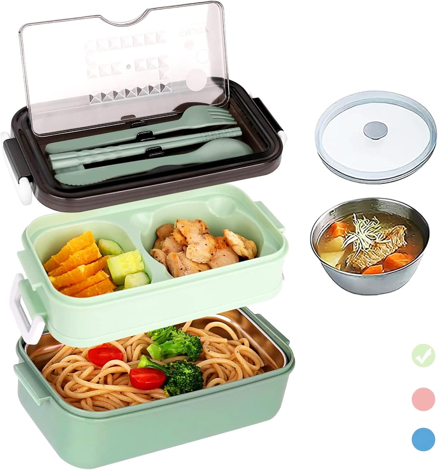 Bento Lunch Box Adults Kids with 3 Compartment, 1260ml Double Stackable