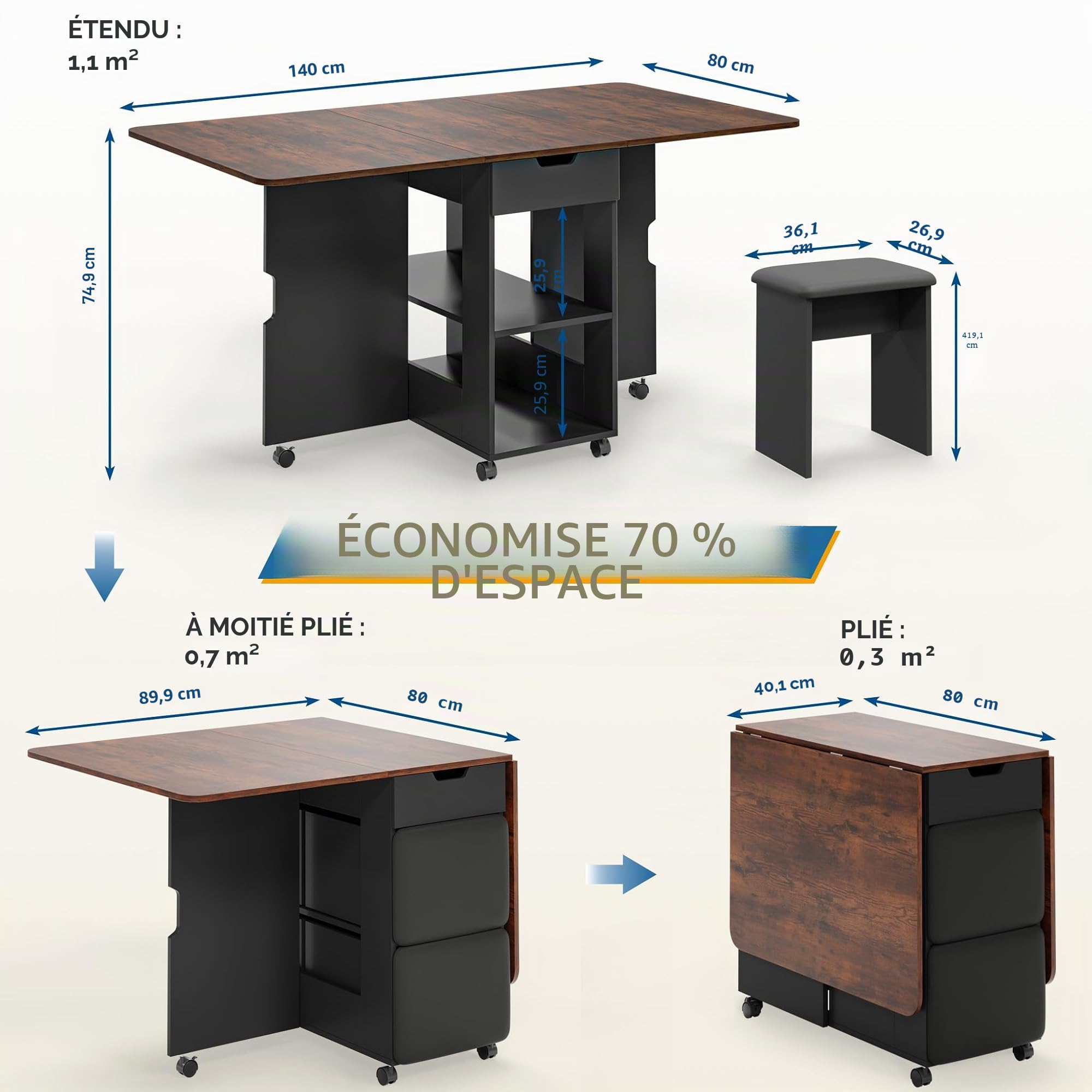 Mondeer Ensemble Table à Manger Pliable 140 cm avec 4 Chaises Rembourrés, Ensemble Table avec 2 Tiroirs et 2 Etagères de Rangement, pour Petits Espaces Cuisine Salle à Manger (Marron et Noir)