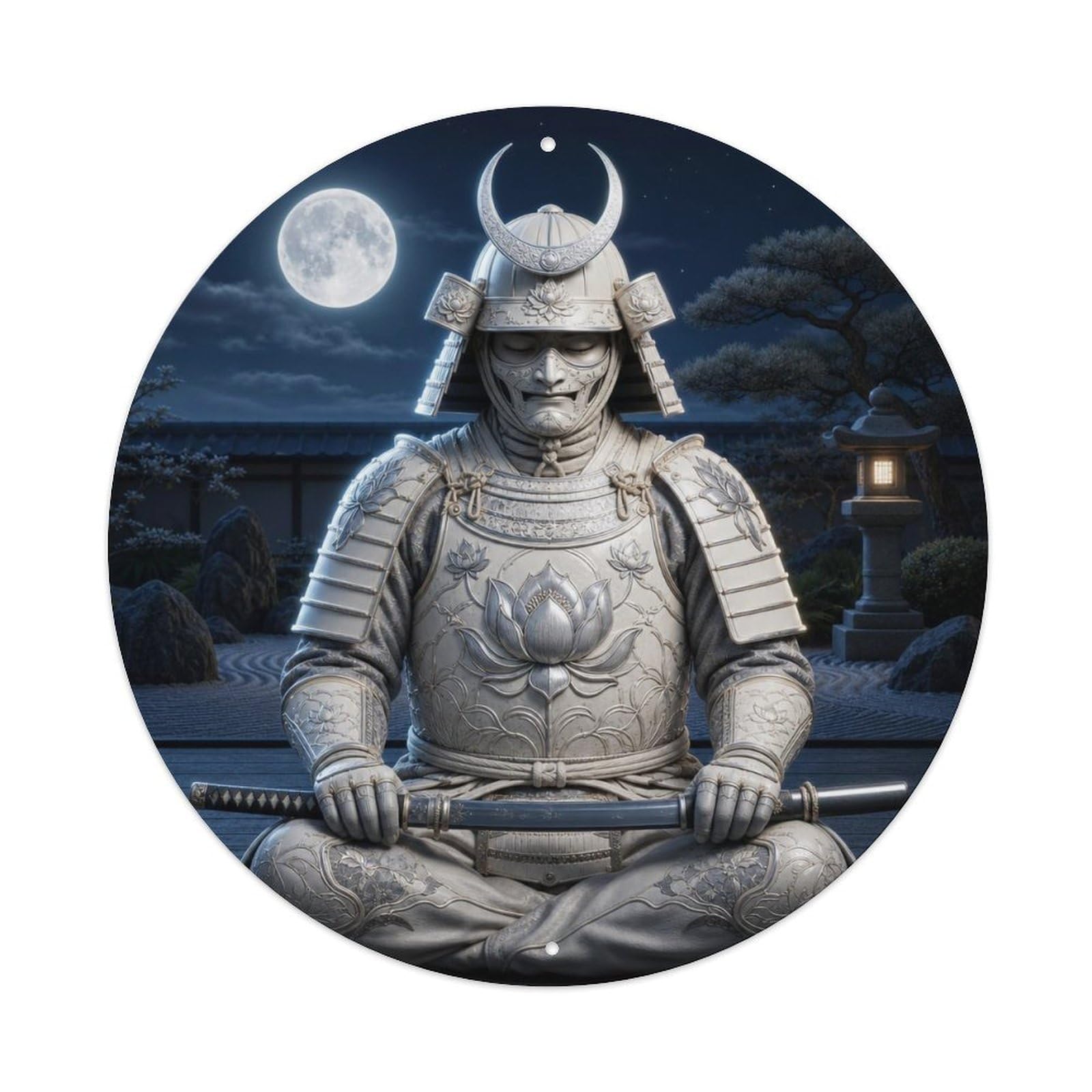 Samurai Warrior Ivory Moon Meditation Sitting Pose Vintage Metal Tin Sign Plaque Wall Decor for Cafe, Club Bar, Office, Garden Metal Poster 8x8Inch