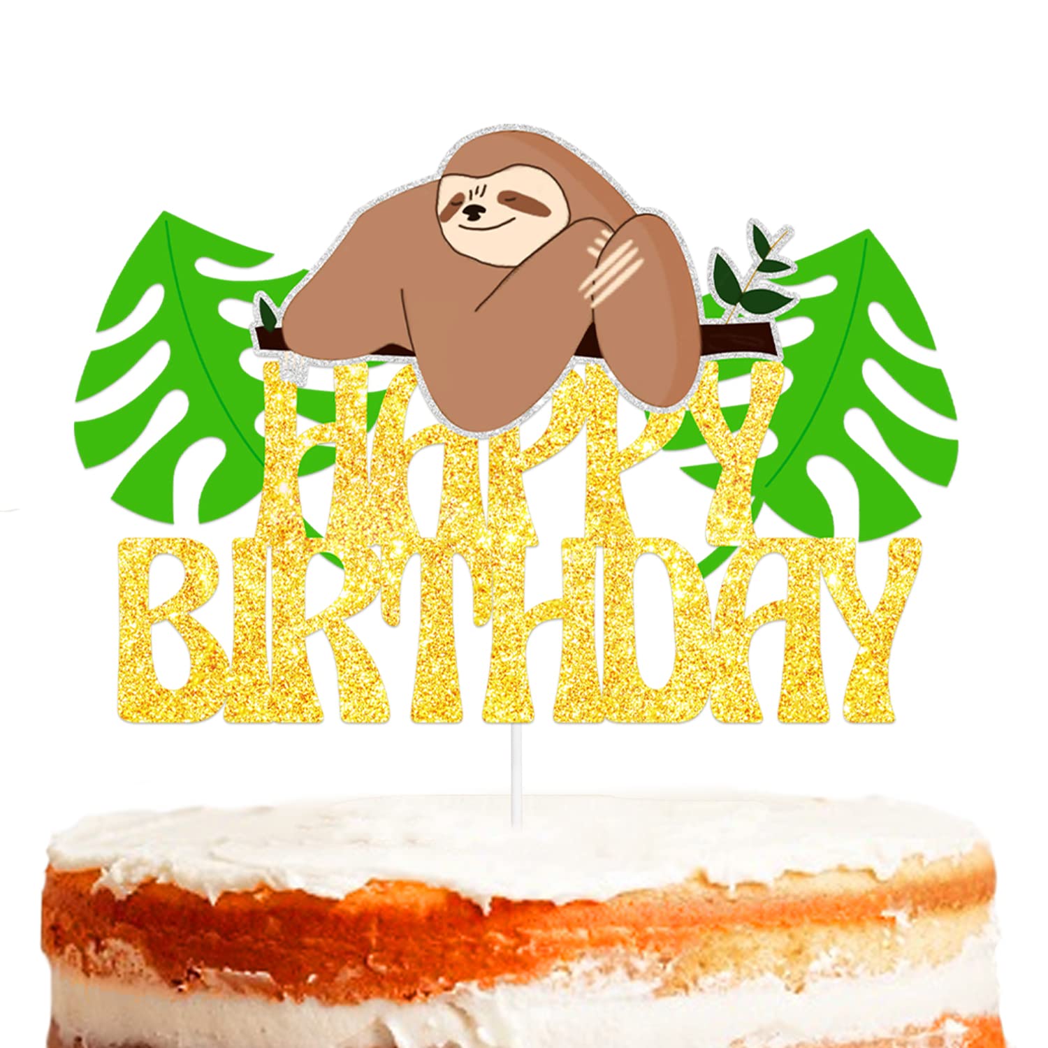 Gold Glitter Cake Topper Pick for The Very Sleepy Sloth Theme Decor Supplies Baby Shower Boy Girl Happy Birthday Party Decorations
