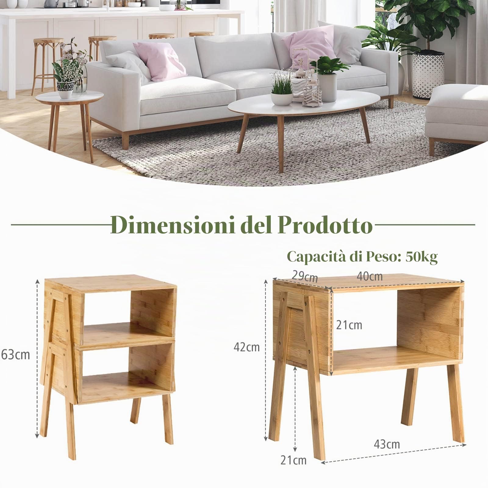 LIFEZEAL Set di 2 Comodini in Legno Massiccio di Bambù, Comò Impilabile, Tavolino Basso Laterale, Design Aperto, Moderno, per Salotto, Soggiorno, Camera da Letto, Peso Max 50 kg, 40x29x42 cm