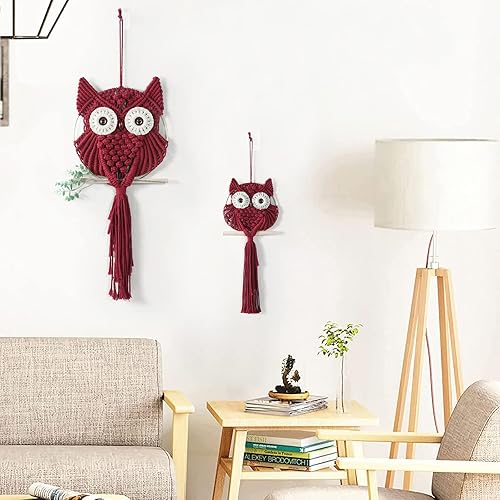Miniatura 3 de MVSUTA Owl Burgundy Cotton Handmade Macrame Wall Hanging Tapestry Home Decor Art and Red Craft Wonderful Decoration Woven Boho Ornament for Office