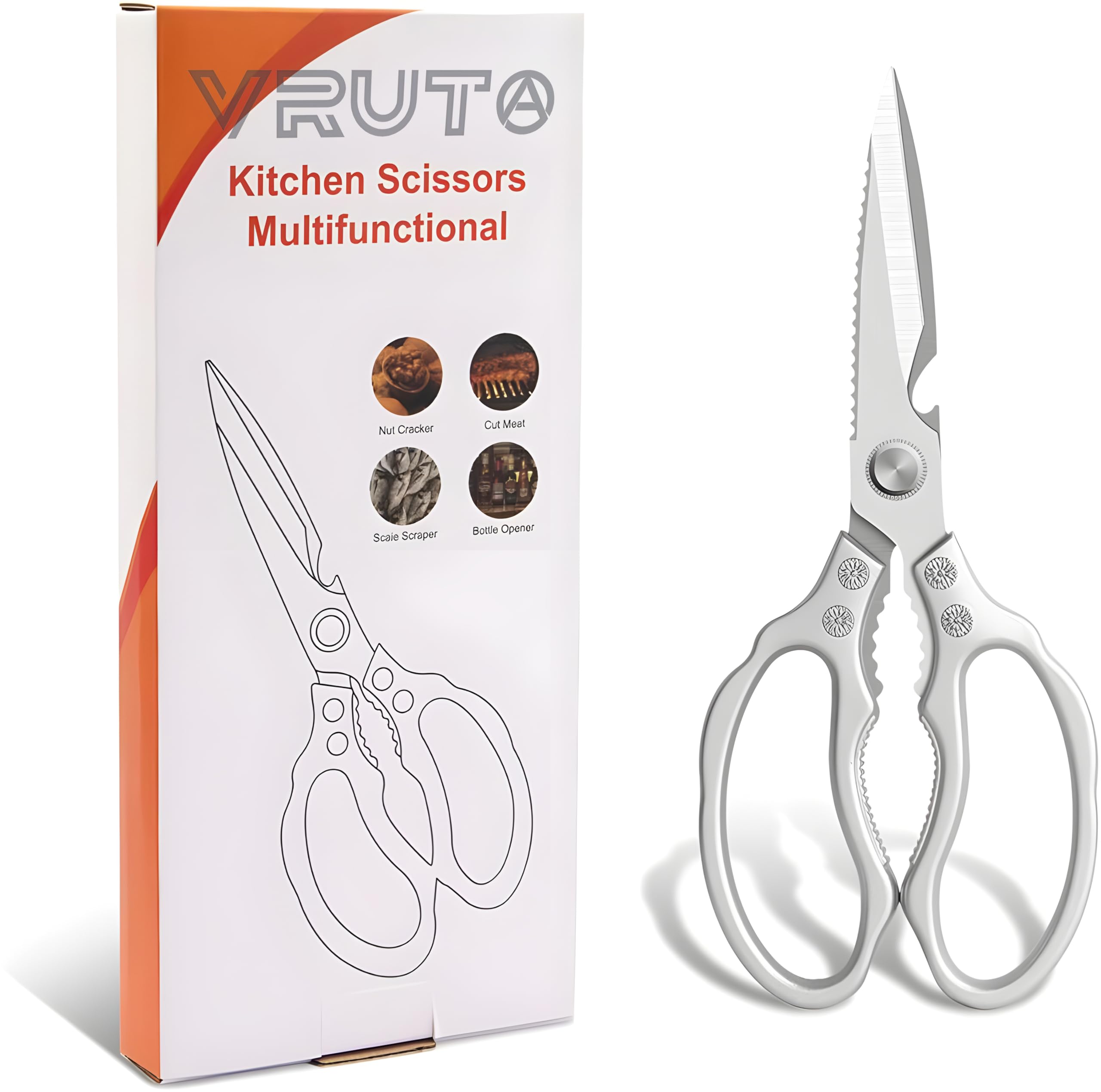 Vruta Multipurpose, Kitchen Scissors, Food Scissors, Premium Stainless Steel Solid Kitchen Shears For Meat, Seafood, Chicken, Ergonomic Kitchen Scissor With Comfort Grip (Silver, Japanese Style)