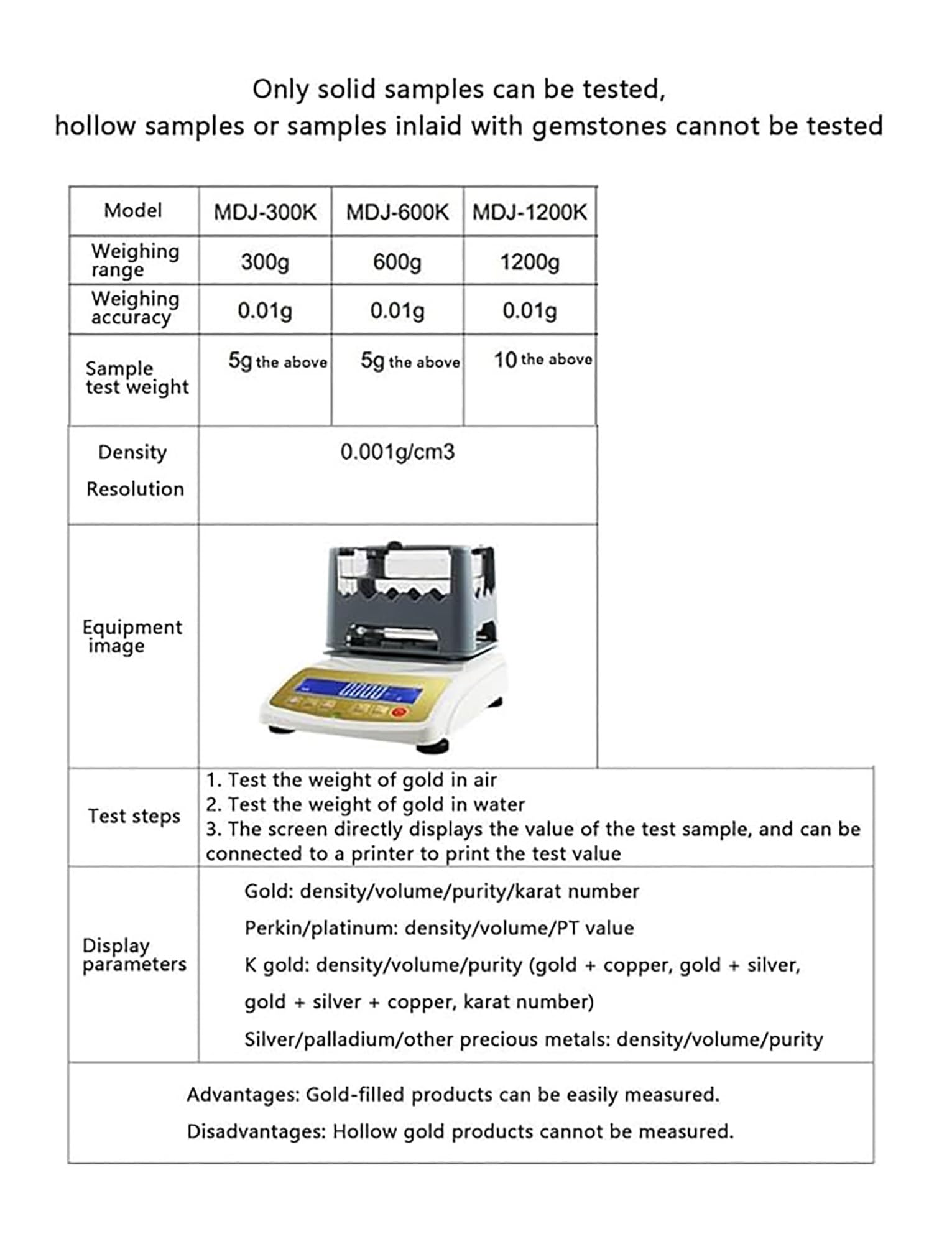 Cyfrowy elektroniczny analizator czystości złota metali szlachetnych, tester gęstości, detektor karatów o maksymalnej wadze 1200 g i rozdzielczości gęstości 0,0001 g/cm3