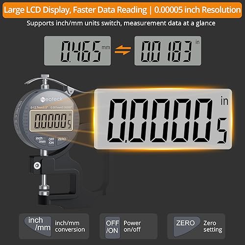 Vista 32 de Neoteck Medidor digital de grosor de 1 pulgada/1.000 in, pantalla LCD de 0.0005 pulgadas con conversión de pulgadas/mm, herramienta de medición