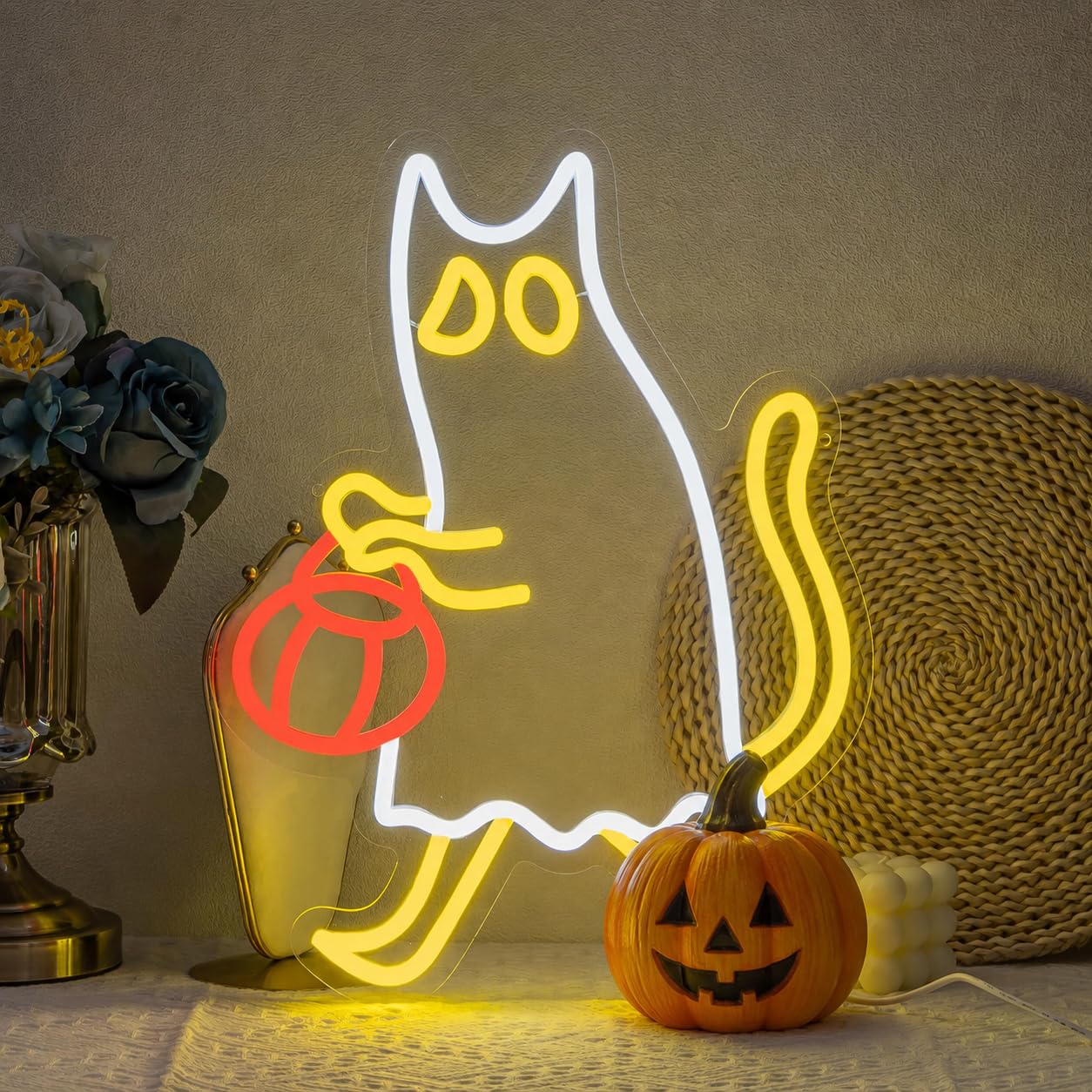 Ghost Cat Neon Sign Halloween Neon Light for Wall Decor