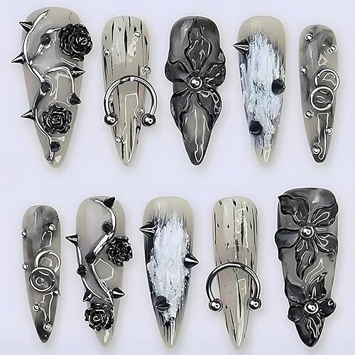 24Pcs Gothic Press on Nails Long Almond Fake Nails with