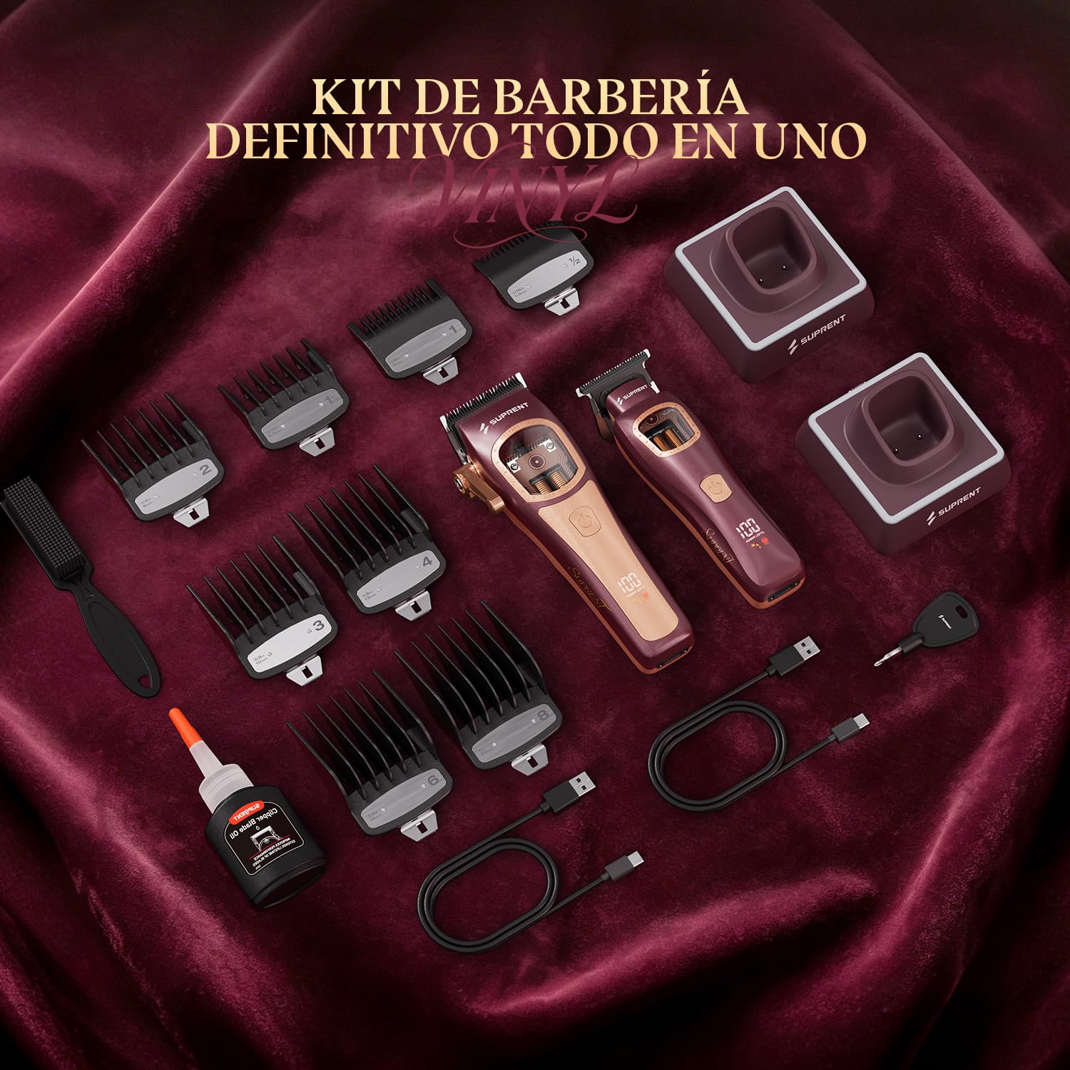 SUPRENT Maquina de Cortar Pelo Hombre, Cortapelos Profesional 8500-11000RPM | Motor Vectorial Inteligente de Doble Bobina, Cortapelos Inalámbrico, Bases de Carga, Uso de Barbero-Rojo