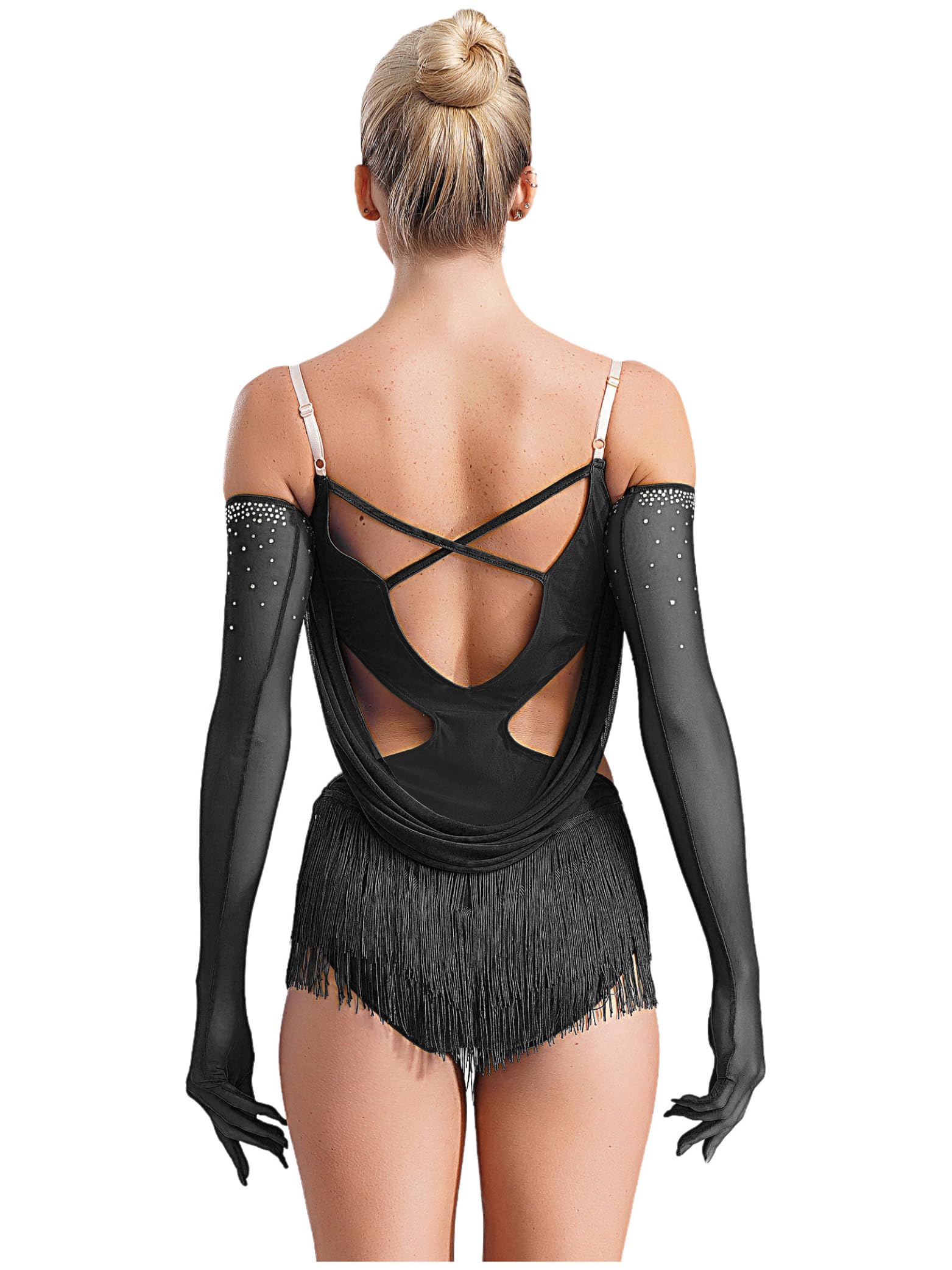 Body da donna Pattinaggio Artistico Stringato Strass con Guanti Vestito Vestito Danza Latina Costume Ginnastica Leotard Body