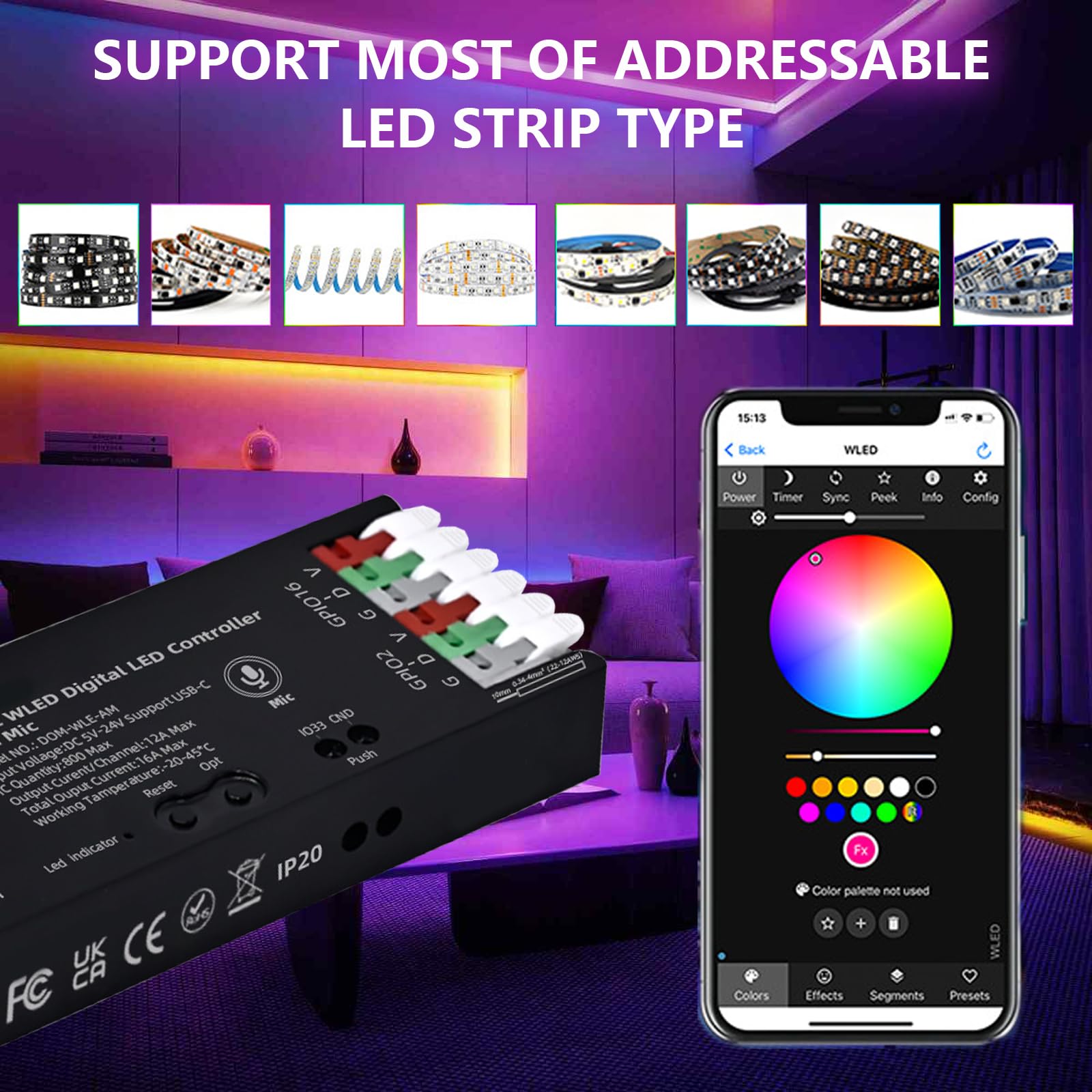 Controller WLED con Microfono, Controller Digitale ESP32 per Strisce LED RGB, RGBW, DC5-24V Controllers WLED Digitale Indirizzabile per Strisce LED WS2811, WS2812B, SK6812, WS2805