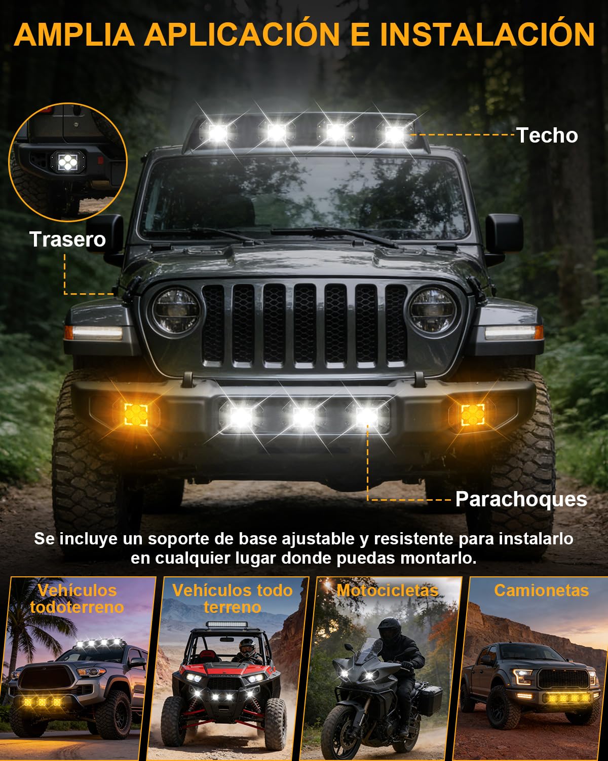 Reflektor roboczy LED 12V/24V z homologacją ECE, biały/żółty z funkcją migania, światło cofania/dodatkowe światło IP68, 4-punktowy montaż śrubowy do ciągnika, koparki, ciężarówki, rolnictwa i off-road